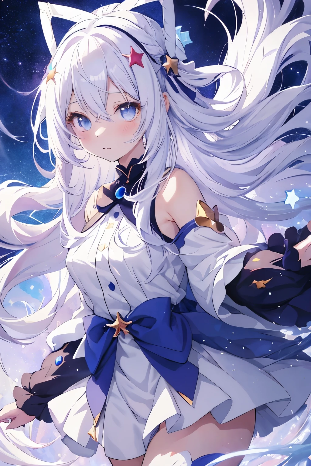 anime girl with long white hair and a star in her hair, white haired deity, anime girl with cosmic hair, star(sky) starry_sky, anime visual of a cute girl, splash art anime , white glowing aura, girl with white hair, ethereal anime, akasuki voidstar, celestial aura, nightcore, anime moe artstyle