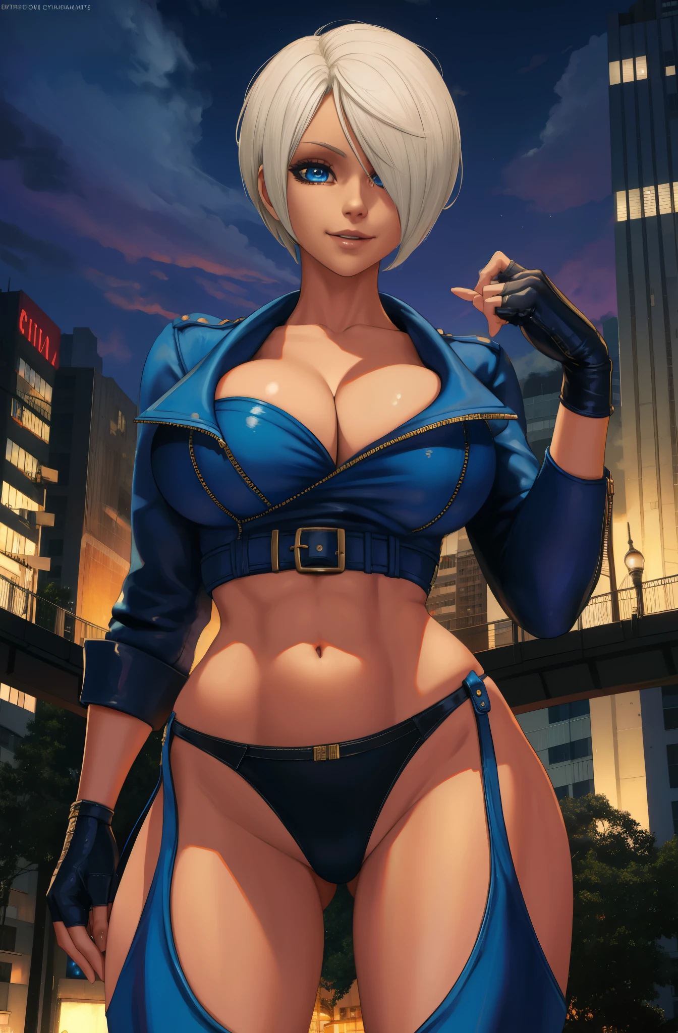 angelkof, white hair, short hair, blue eyes, 
 cropped jacket,  navel, zipper, fingerless gloves, underwear,  chaps, cleavage,   
standing,  upper body,  from below,   light smile, full body shot,
city,  concert,   night, 
(insanely detailed, beautiful detailed face, beautiful detailed eyes, masterpiece, best quality),solo,