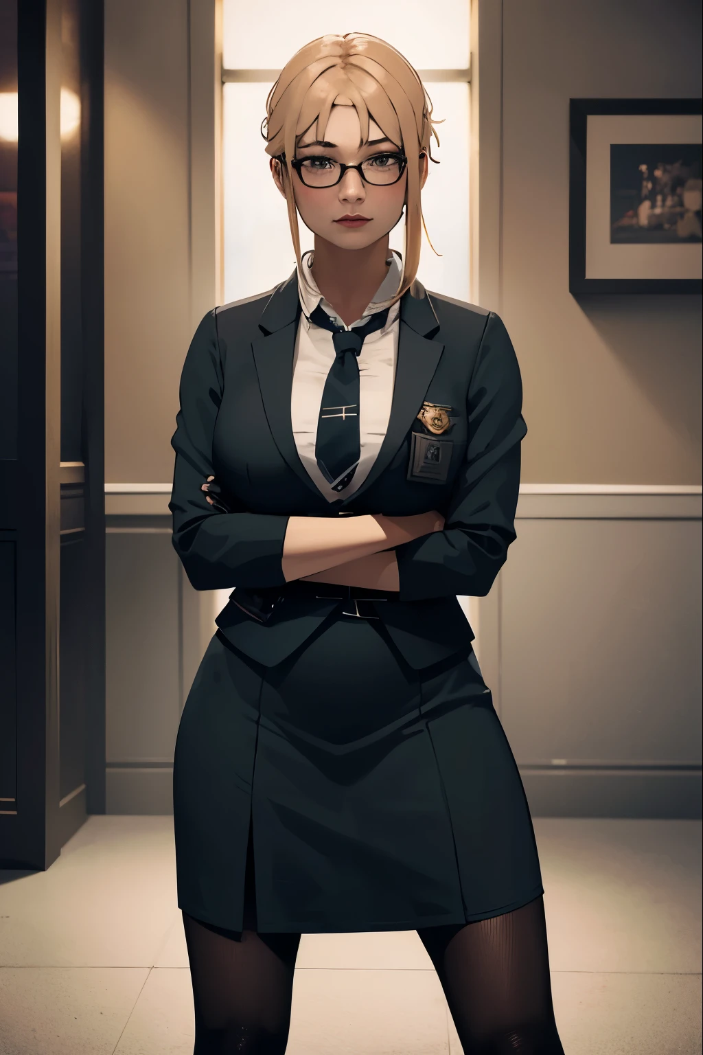 (best quality, realistic:1.37), woman standing tall in professional office attire with a strict gaze, wearing narrow-framed glasses, a skirt, and stockings. She confidently crosses her arms over her chest. The artwork is in the style of anime, capturing every detail beautifully. The color palette is vibrant and dynamic, emphasizing Toga's strong presence. The lighting showcases her sharp features, enhancing the overall mood of the piece.