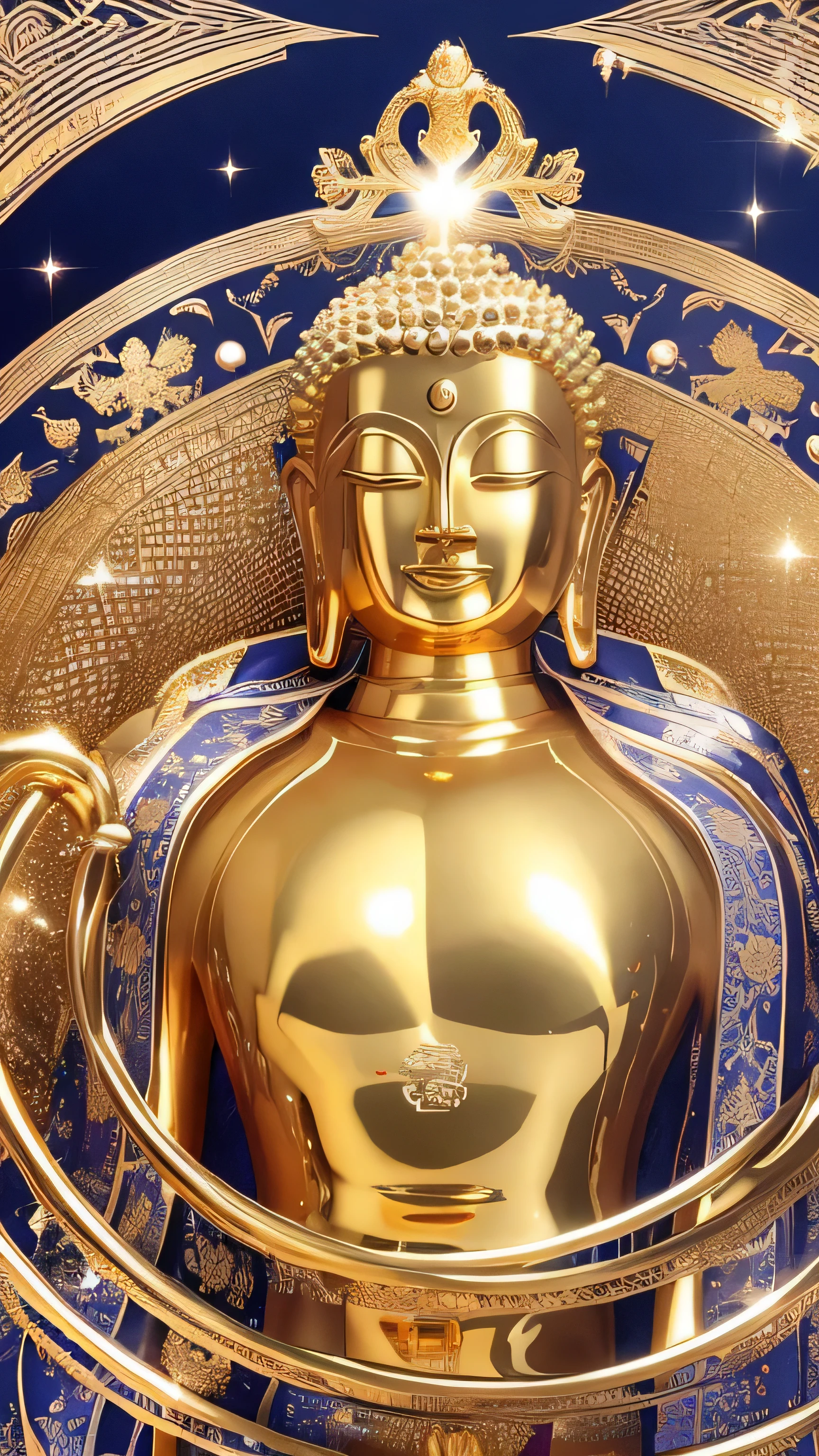 Golden Buddha statue with a shining halo, ((head shoto)), (Upper body)Buddha教, Buddha陀, Buddha教徒, Buddha, reincarnation, enlightenment, beautiful gold saint, 精神的なenlightenment, pushkaraka, enlightenment, Buddha教美術, shining golden aura, enlightenment. Complex, On the road to enlightenment, On the road to enlightenment, center of photo, emits golden light, look forward, Upper body, wear a robe, close up face, head shot, Front view, open your eyes, open your eyes,Front viewing, please open your eyes, wear ornaments,jewels on body, Wearing Jewelry, lots of gems