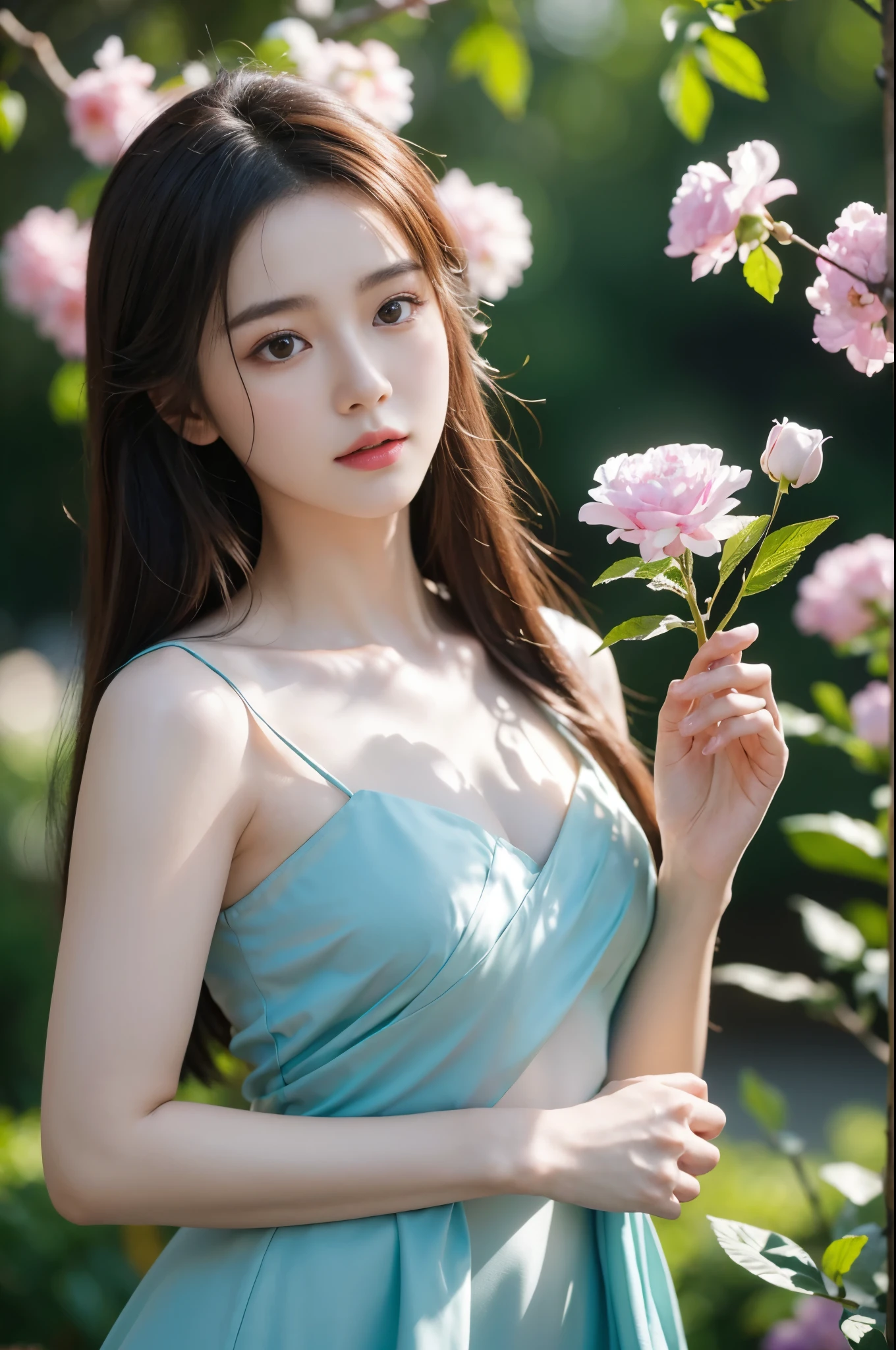 A woman posing with flowers, inspired by Huang Jiqi's artwork, on Douban, Tachisme, Dilireba, Xintong Chen, an 8K selfie, Cai Xukun, Fan Bingbing, yanjun chengt, glamorous Chinese model, chengyou liu,  wenfei ye.(best quality, 8k, highres, masterpiece:1.2), ultra-detailed, (realistic, photorealistic, photo-realistic:1.37), HDR, UHD, studio lighting, extremely detailed flowers and petals, graceful posing, vibrant colors, Tachisme-inspired brush strokes, exquisite facial features and expression, sunlight filtering through the trees, ethereal atmosphere