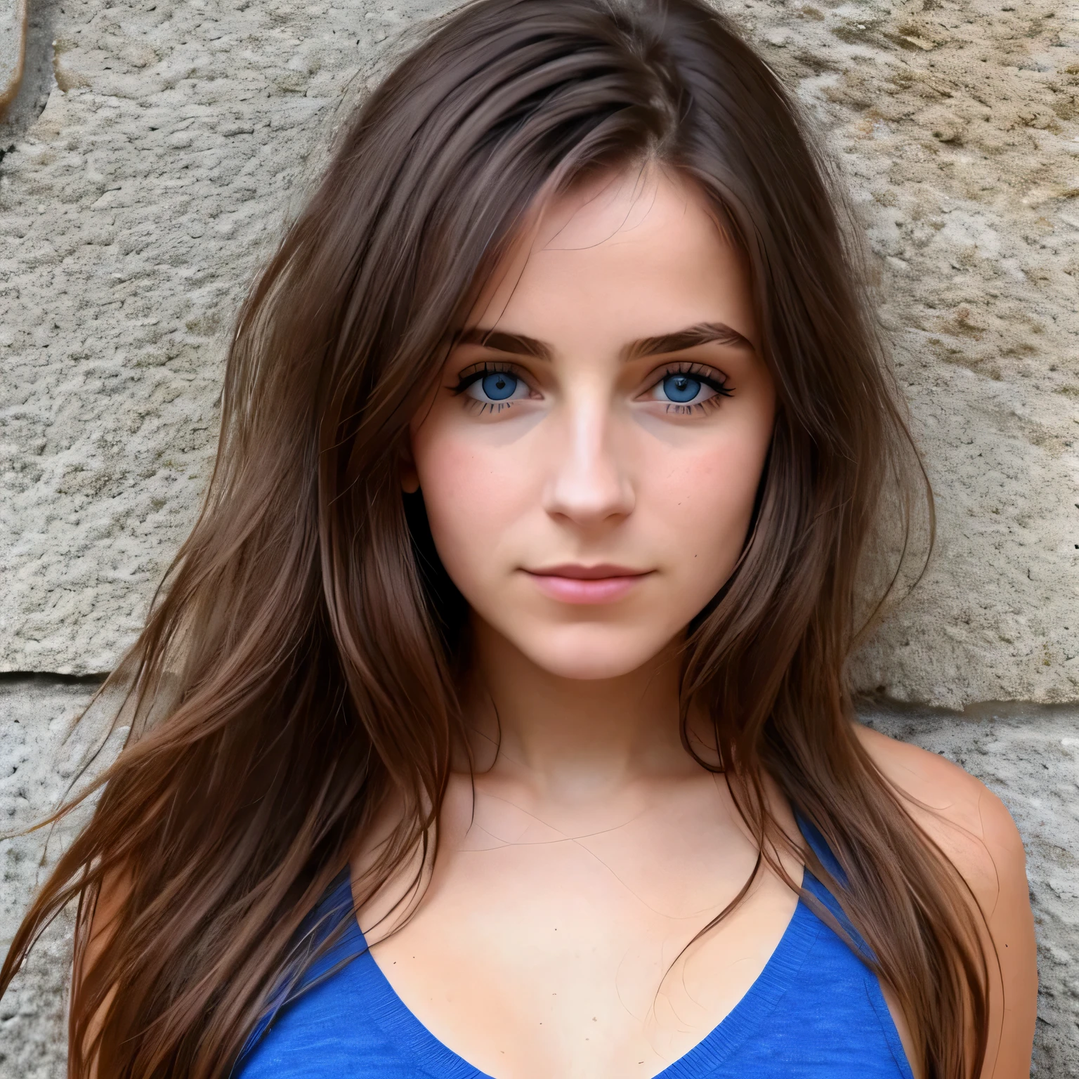 1 jeune femme de 18ans, visage fin avec des yeux bleus clairs, Corp Mince, yeux bleus clairs, cheveux chatains, Bronzage de la peau