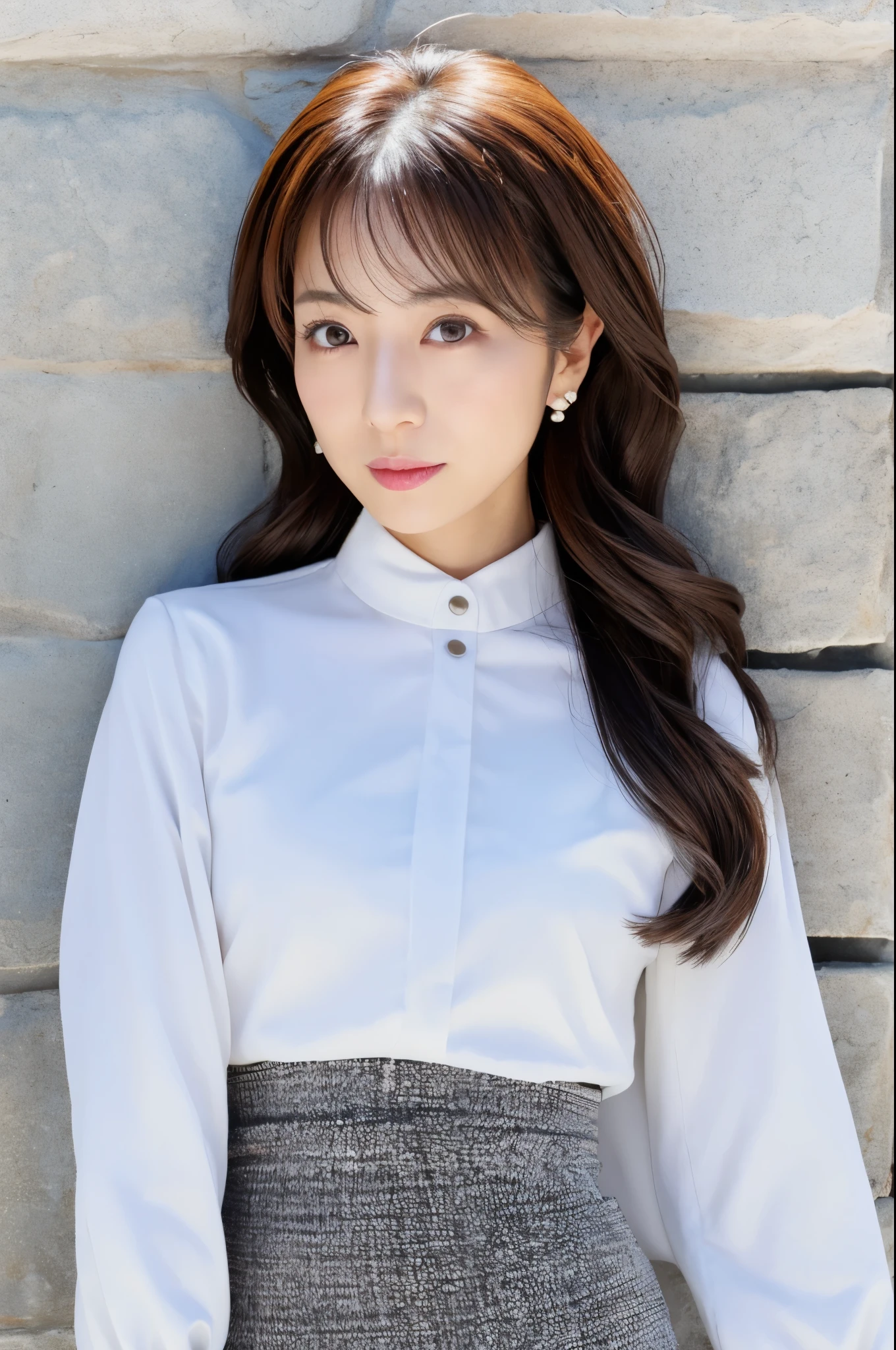 Skinny Japanese lady, 30 years old, 1girl, In front of a large wall, Realisitic, Beautiful Woman, Jacket, White shirt, tight skirt, high-heels, Cute face, A detailed face, Detailed lips, A detailed eyes