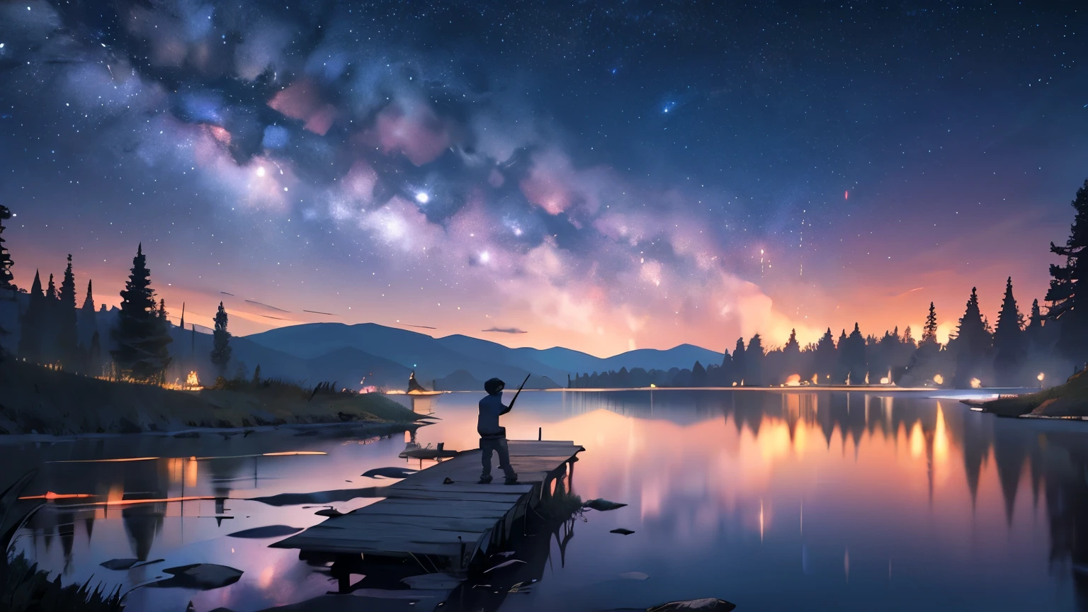 1024 720 anime ,night little bonfire , Dark night lake, small fire camp , only one man loking calm, only sky background with stars