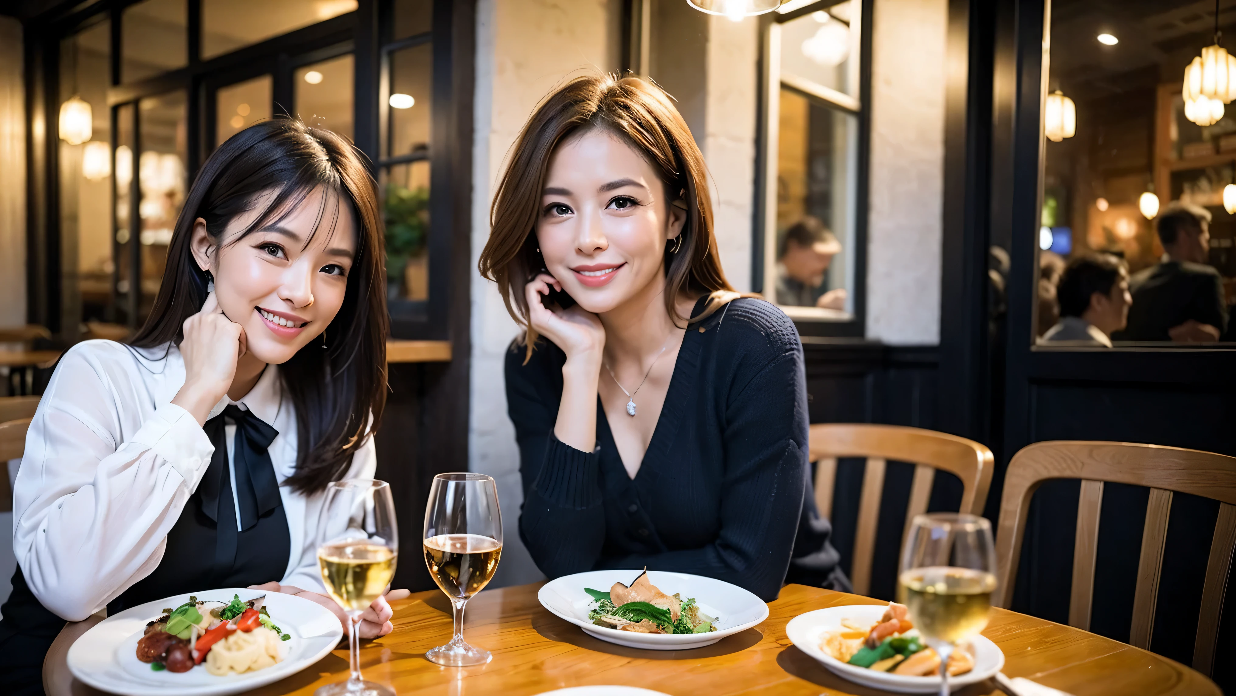 64k, Hmm, highest quality, masterpiece: 1.2), (realistic, photorealistic: 1.37),やわらかなsmile、gentle expression、 Super detailed, celebration party、beauty、charm、beautiful mature woman、3 women who love wine、three men、Tokyo、Yokohama、Paris、venice、Rome、Champagne、sparkling wine、winter night、restaurantでワイン宴会、(slimな男女4名),(Wine party for 5 people)、(slimフェイス),Happy、 最高なsmile、fox mask、Berry Short、(because I'thin), (brown hair), (shortcut), long sleeve shirt、winter fashion、Columbia、Brazilian、Japanese、Dutch、German、Portuguese、Belgian、Italian、French, (Squirting), (slimボティ), (brown hair), (shortcut), 端正なbeauty、cheeks turn a little red, (41 years old), 38 years old, 35 years old、32 years old、 A beautiful and detailed night view spreads out outside the window............, restaurant, wine glassが座っている, At night, in a prominent place (from the Upper body) nova frog style, actress, model, Upper body, White wine, slim, wine glass, Very beautiful night view, wine glass Put in the Middle, Happy smile, (smile: 1.15),
