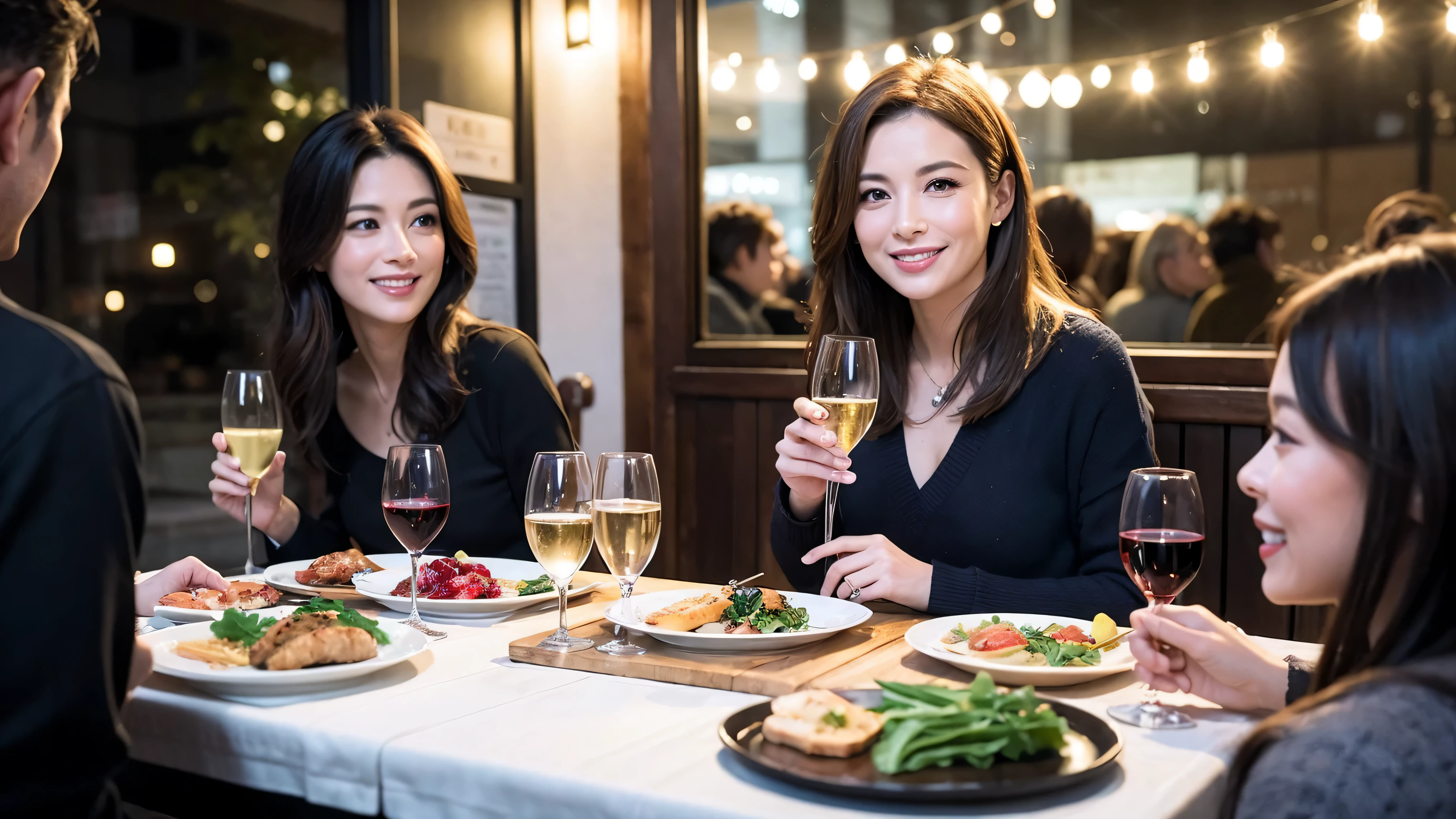 64k, Hmm, highest quality, masterpiece: 1.2), (realistic, photorealistic: 1.37),やわらかなsmile、gentle expression、 Super detailed, celebration party、beauty、charm、beautiful mature woman、3 women who love wine、three men、Tokyo、Yokohama、Paris、venice、Rome、Champagne、sparkling wine、winter night、restaurantでワイン宴会、(slimな男女4名),(Wine party for 5 people)、(slimフェイス),Happy、 最高なsmile、fox mask、Berry Short、(because I&#39;thin), (brown hair), (shortcut), long sleeve shirt、winter fashion、Columbia、Brazilian、Japanese、Dutch、German、Portuguese、Belgian、Italian、French, (Squirting), (slimボティ), (brown hair), (shortcut), 端正なbeauty、cheeks turn a little red, (41 years old), 38 years old, 35 years old、32 years old、 A beautiful and detailed night view spreads out outside the window............, restaurant, wine glassが座っている, At night, in a prominent place (from the Upper body) nova frog style, actress, model, Upper body, White wine, slim, wine glass, Very beautiful night view, wine glass Put in the Middle, Happy smile, (smile: 1.15), 