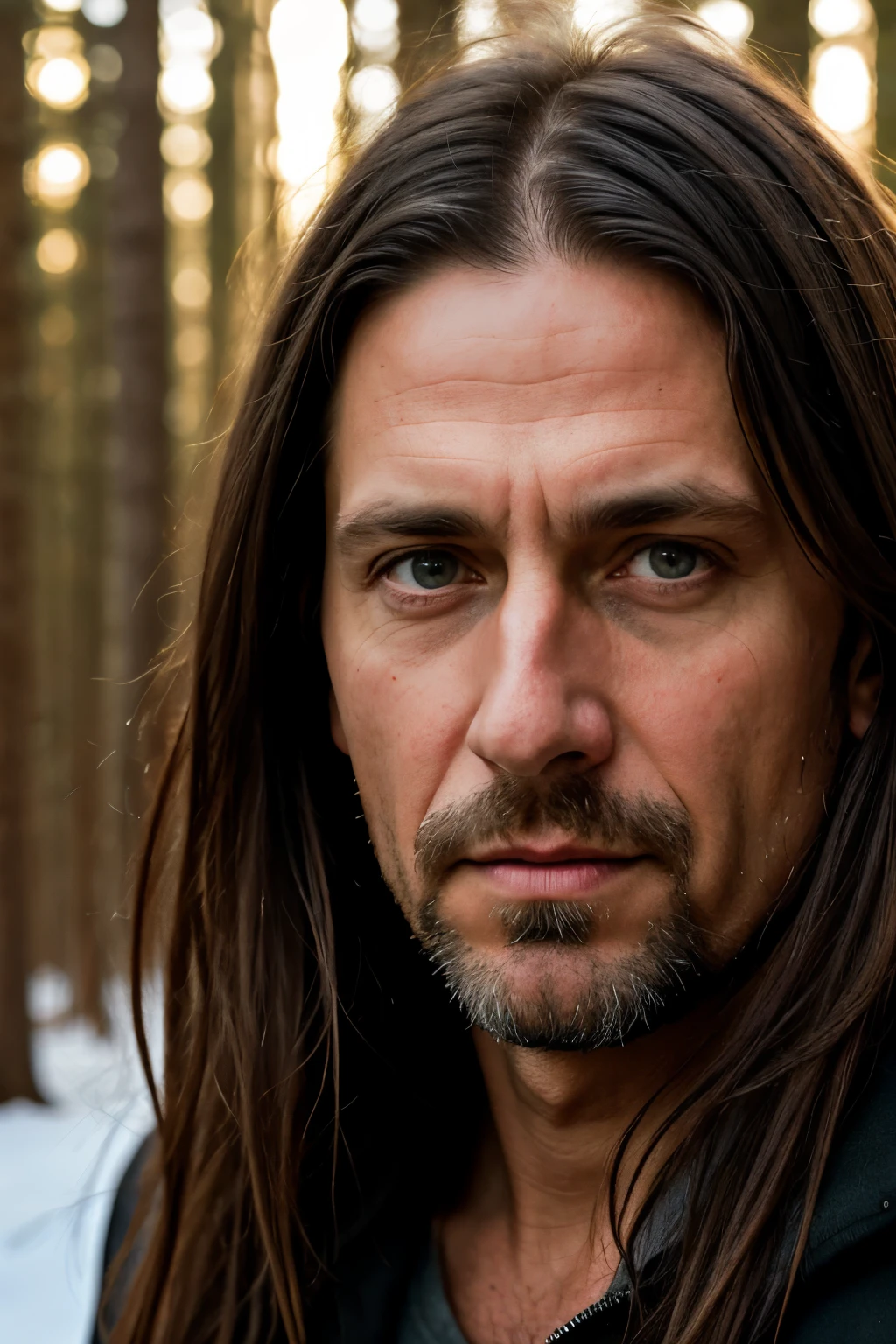 photo portrait of 50 yo man, eye contact, long hair, winter forest on background, realism, bright red eyes, photorealism, hyperrealism, (insane details:1.3), 35mm