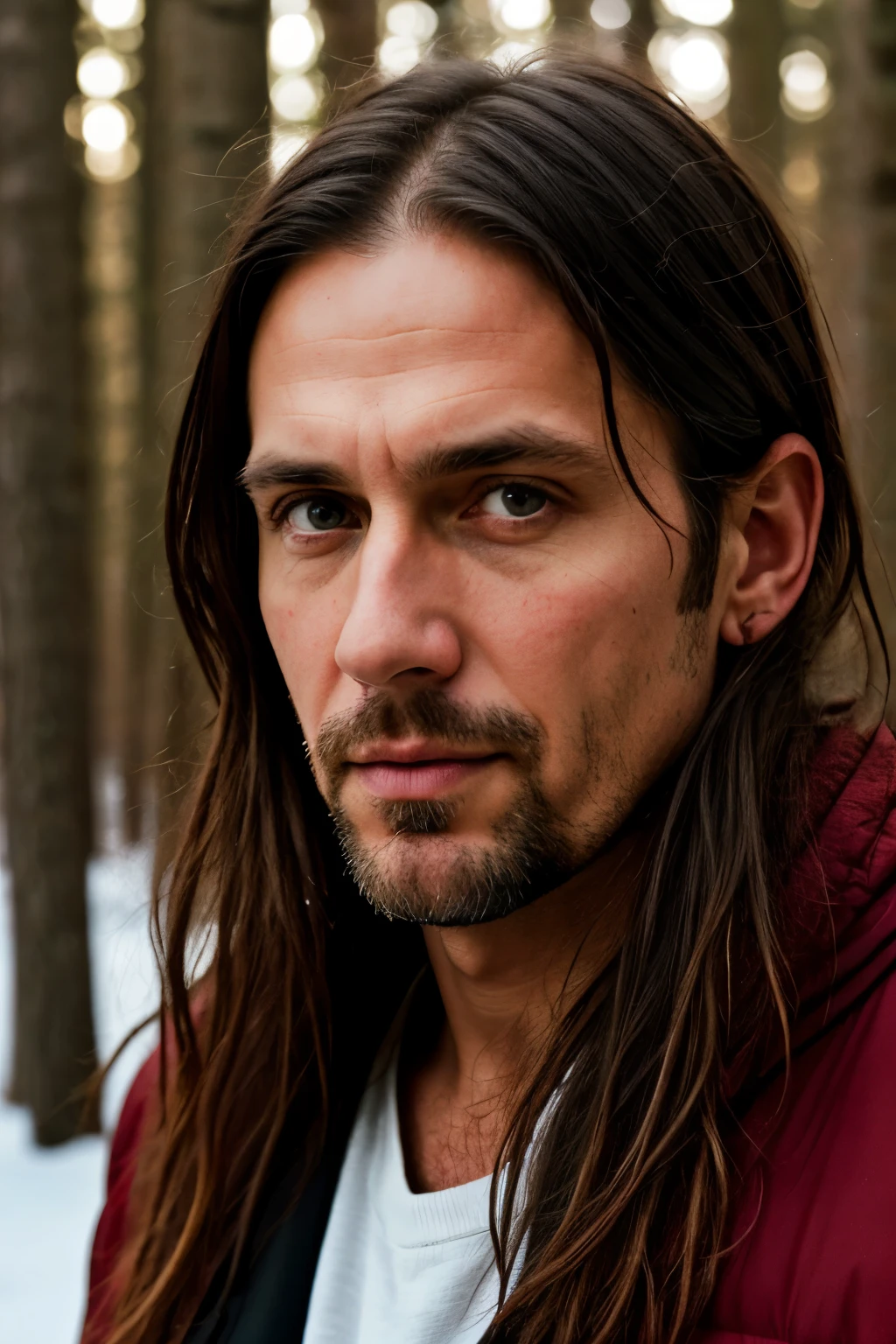 photo portrait of 50 yo man, eye contact, long hair, winter forest on background, realism, bright red eyes, photorealism, hyperrealism, (insane details:1.3), 35mm