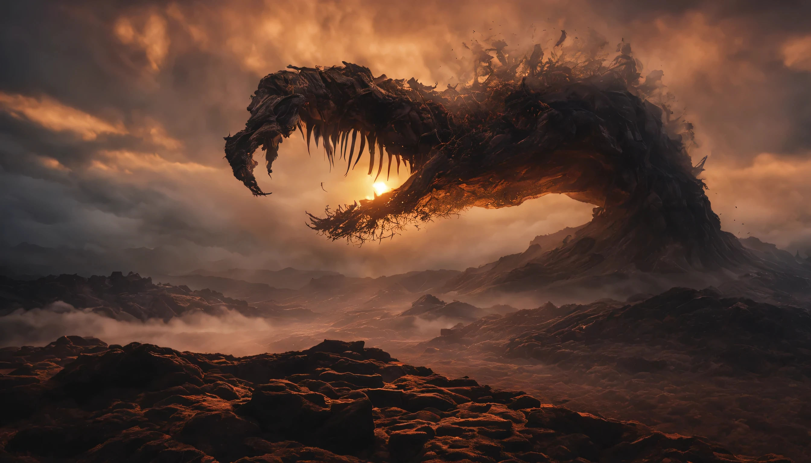 Un grand et profond cratére volcanique, sombre et enfumé, paysage de roches chaotique et oppressant, des centaines de sauterelles sortent du cratère et viennent vers nous, des sauterelles couvrent le sol par centaines et volent dans les airs par centaine, ces sauterelles portent des cuirasses comme une armure de fer, les têtes des sauterelles sont décorées de couronnes dorées, ces sauterelles ont des visages humains, ces sauterelles ont des cheveux longs, ces sauterelles ont des dents longues et acérées, ces sauterelles ont des ailes puissantes, ces sauterelles ont des queues de scorpion, ambiance crépusculaire, apocalyptique, menaçante, sombre, dramatique, fantastique, légendaire, Lumière cinématographique, surréalisme, le romantisme, Dieu rayons, grain de film, remplissage d'image, graphique, oeil de poisson, Point de vue atmosphérique, panorama, De côté, super détail, Haute qualité, primé, 8K