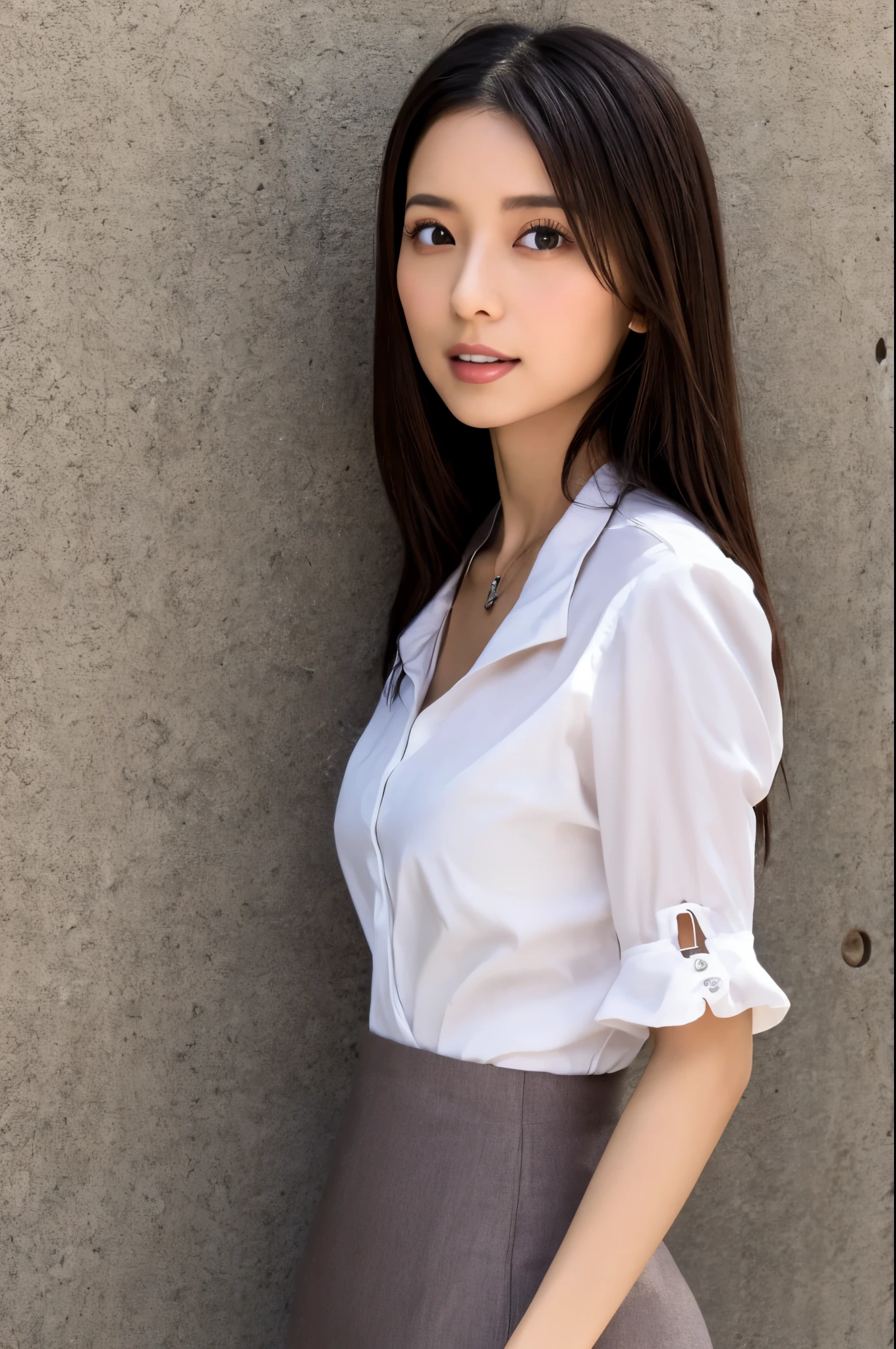 Skinny Japanese lady, 30 years old, 1girl, In front of a large wall, Realisitic, Beautiful Woman, Jacket, White shirt, tight skirt, high-heels, Cute face, A detailed face, Detailed lips, A detailed eyes