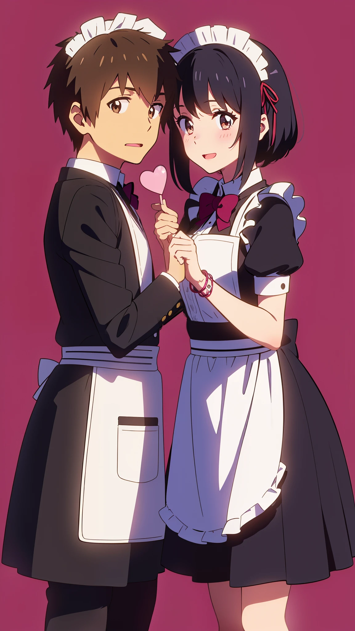 shinkai makoto, kimi no na wa., 1girl, 1boy, bangs, black hair, blush, brown eyes, (boy wear Suspender Clothes), ((girl wear maid dress, maid, apron, maid headdress, short dress, Off-the-shoulders)), bow, ribbon, short hair, smile, open mouth, looking at the viewer, cute, love, heart, couple, adorable, dating, bracelet, valentine background, In a romantic atmosphere, Feel the romantic theme of Valentine's Day
