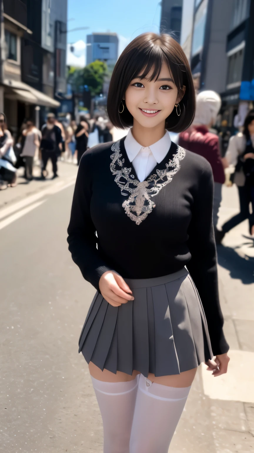 (Surrealism, RAW photo, Nikon, 8k, super detail, masterpiece, intricate details, realistic lighting),
(anatomically correct, very accurate human body, highly detailed face, realistic skin, realistic portrayal of characters),
(, Japanese girl, slim waist and busty body, baby face, yer sister girl, affectionate cute, surreal girl),
(round face, black hair, short bob cut, bangs, Down-slating eyebrows, Moist eyes, one little earring, light blush, Slender long legs),
((standing in the street, raise one leg with show inner thighs, lift up the skirt, Skirt flies up)),
(smile, look at viewer:1.3),
((colorful Micro miniskirt, white stockings, wearing pantyhose, brightly colored jacket)),
(Bustling city background, large crowd of people, Shibuya),
Natural lighting, full length, whole body,