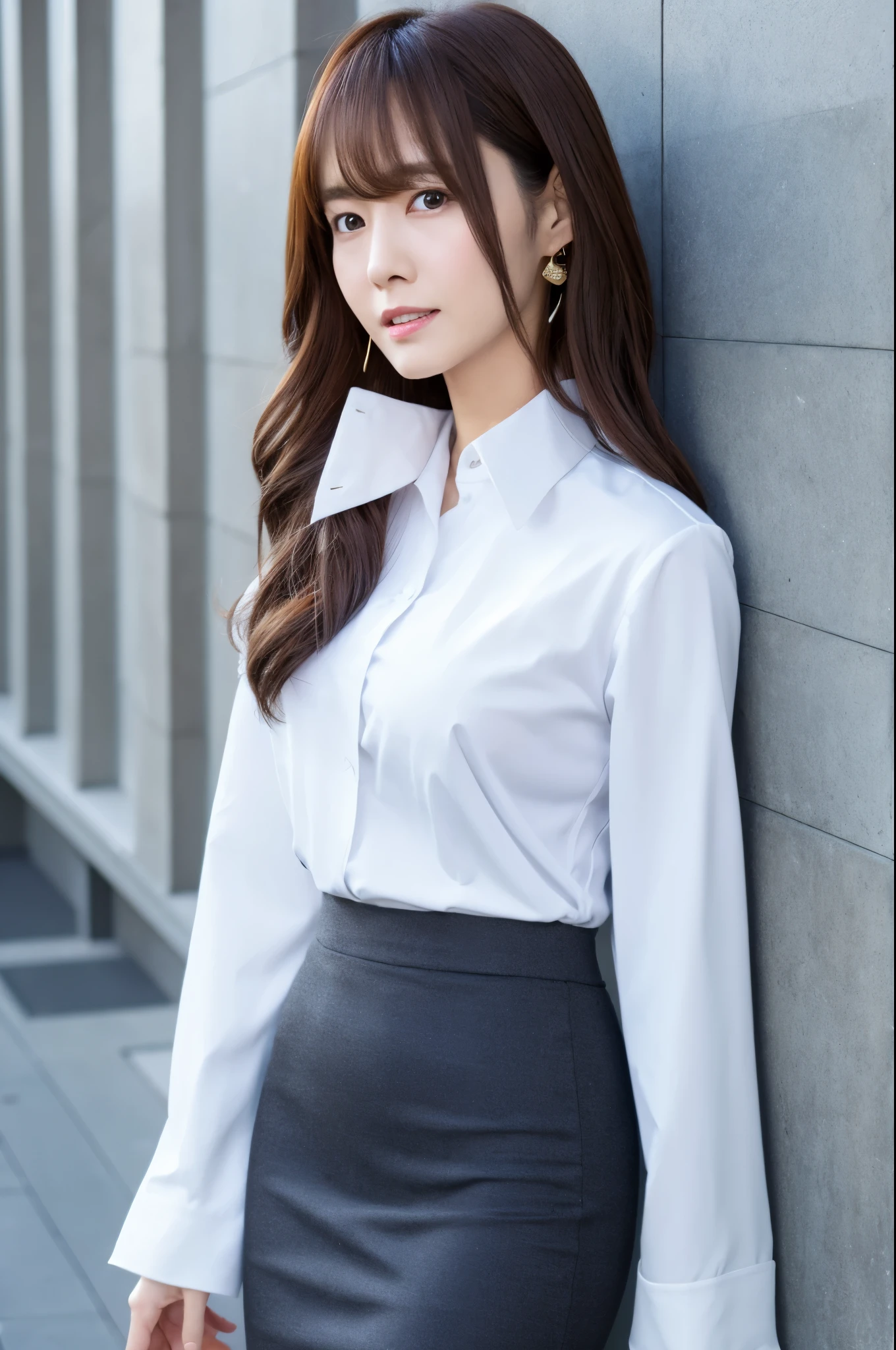 Skinny Japanese lady, 30 years old, 1girl, In front of a large wall, Realisitic, Beautiful Woman, Jacket, White shirt, tight skirt, high-heels, Cute face, A detailed face, Detailed lips, A detailed eyes