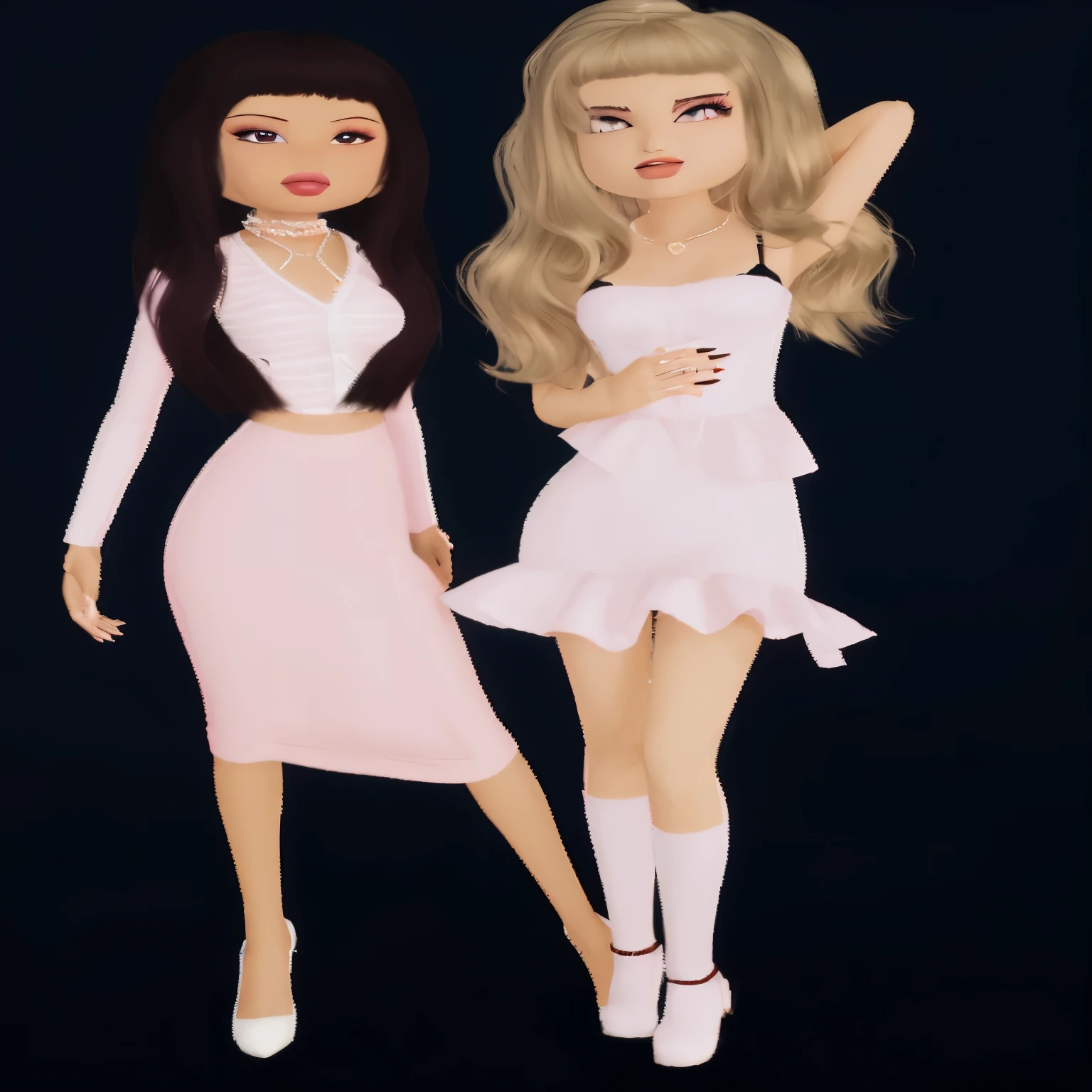 Create bratz style doll, rubia, con ojos marrones, vestida con pantalon negro y top blanco, ((Chica perfecta))