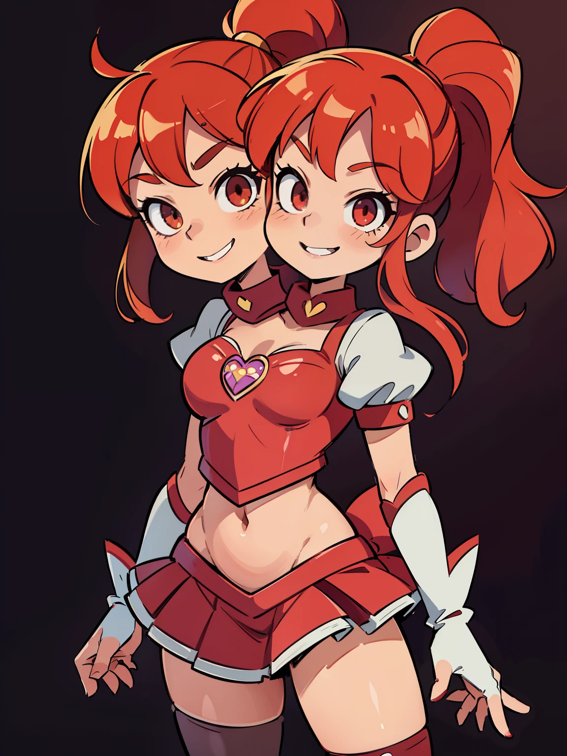 (masterpiece),(ultra-detailed), (high quality), (high resolution), (best quality:1.5, highres, UHD), highres, absurdo, ultra detail , ultra quality, Ultra resolution, 16k, (2heads:1.5) magenta pink hair, twin pigtails, smiling, red armor chest piece, same hair color, teenage girl,((red magical girl)), magical girl, gentle smile, (high school background), high ponytail, exposed midriff, skirt