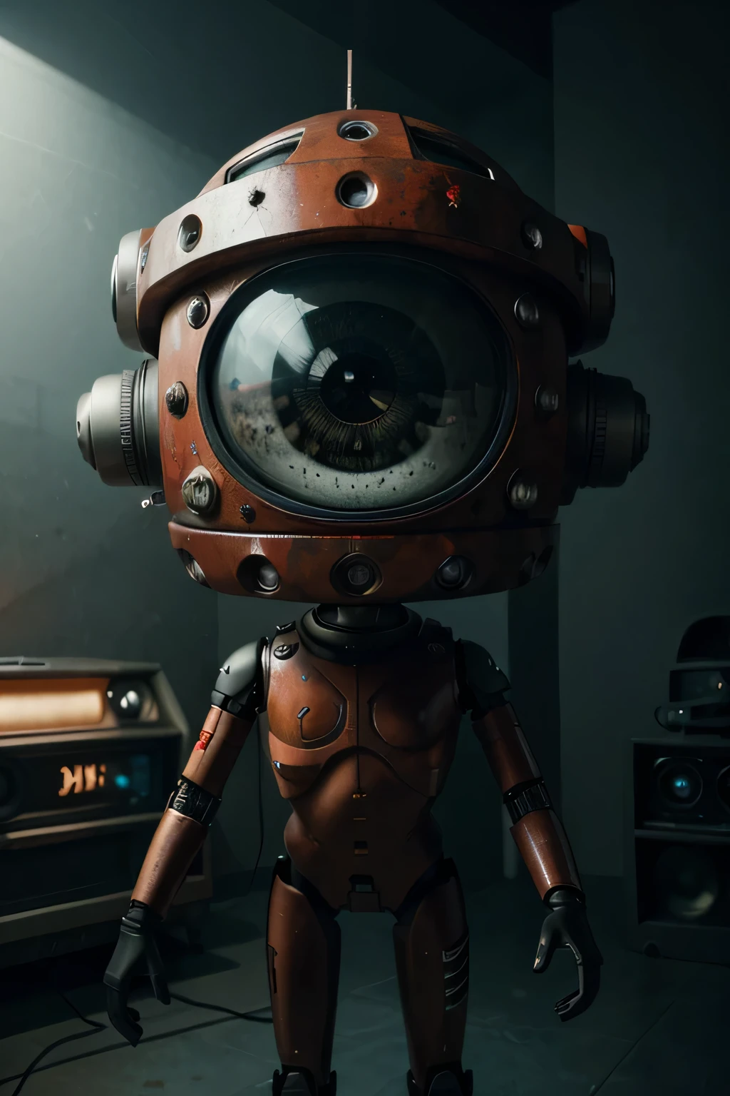 Un dibujo animado plano moderno Loco con un Big ONE, un robot con un solo ojo y un estilo de casco., pinzas en las manos, television head, cabeza de alfiler, camuflaje rojo oxidado, Super detailed ocean environment., centro, hermoso, soft lighting, centrado en el personaje, 4k resolution, renderizado fotorrealista.
