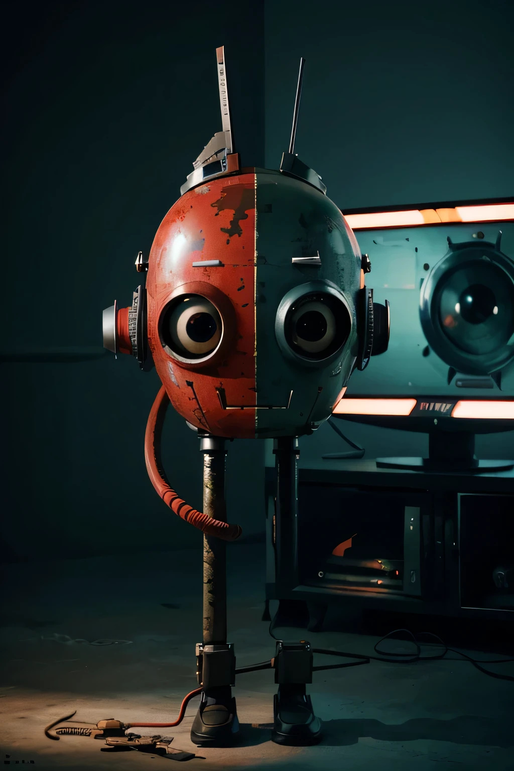 Un dibujo animado plano moderno Loco con un Big ONE, un robot con un solo ojo y un estilo de casco., pinzas en las manos, television head, cabeza de alfiler, camuflaje rojo oxidado, Super detailed ocean environment., centro, hermoso, soft lighting, centrado en el personaje, 4k resolution, renderizado fotorrealista.