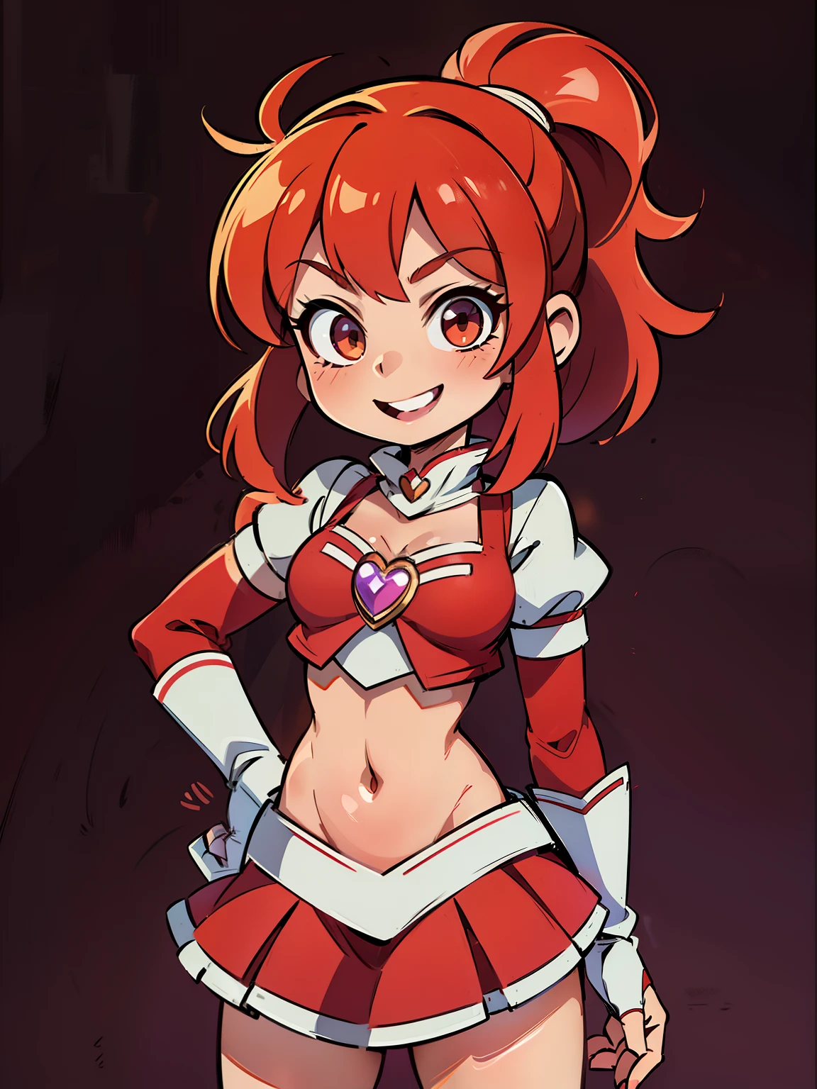 (masterpiece),(ultra-detailed), (high quality), (high resolution), (best quality:1.5, highres, UHD), highres, absurdo, ultra detail , ultra quality, Ultra resolution, 16k, (2heads:1.5) smiling, naments, red armor chest piece, same hair color, teenage girl,((red magical girl)), magical girl, gentle smile, (high school background), high ponytail, exposed midriff, skirt