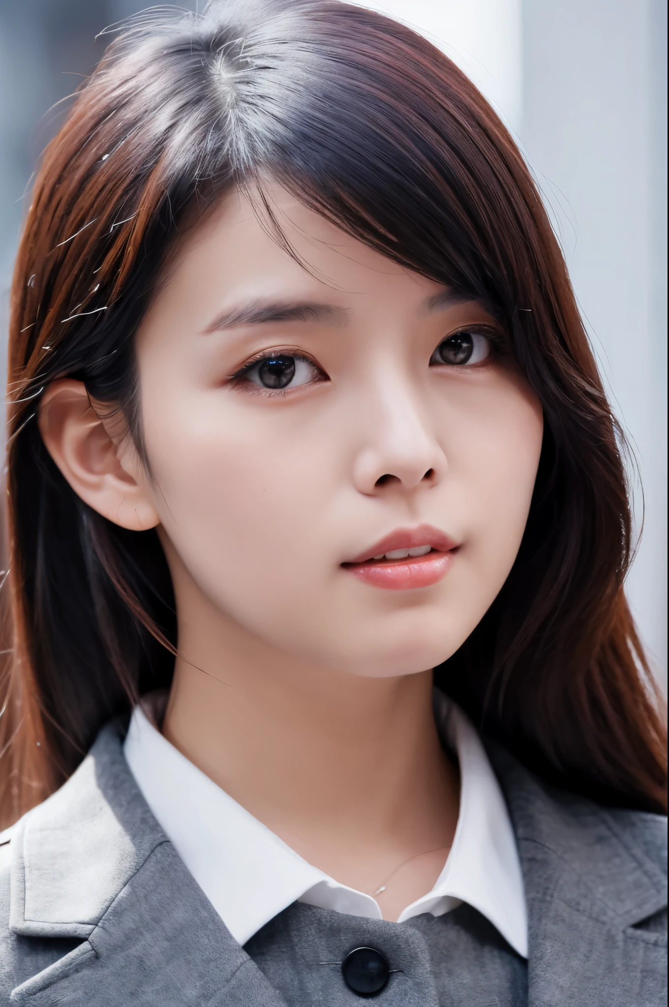 (Masterpiece: 1.3), (8k, Photorealistic, RAW Photo, Best Quality: 1.4), (1girl), Shallow depth of field, Face in focus, Soft focus, Beautiful face, (Backlight: 1.5), (Ambient: 1.3), (Realistic Face), (Black hair, Medium Short: 1.3), Hair with gentle waves, Hair that flutters and spreads in the wind, Back hair spread in the wind, short bangs, realistic eyes, dark brown eyes, highlights in pupils, beautiful detail eyes, (plenty of natural light), (realistic skin), beautiful skin, (blouse with white collar), watch, small handbag, bright solid color pale wall surface and sky background, absurdity, attractive, ultra high resolution, ultra-realistic, high definition, golden ratio, close-up angle walking on commuting time, The gesture of brushing up the hair with the hand