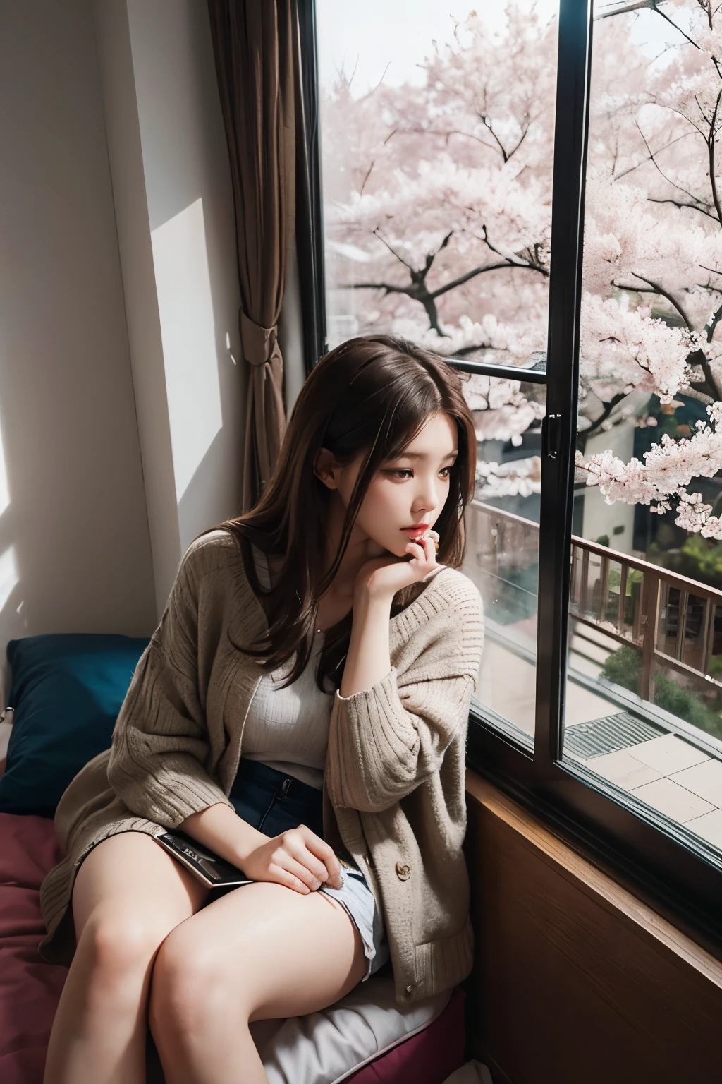 A beautiful woman is talking on her smartphone while looking out the window. She is in her room in the apartment. You can see cherry blossoms outside the window. The woman is 20 years old and has dark brown hair.