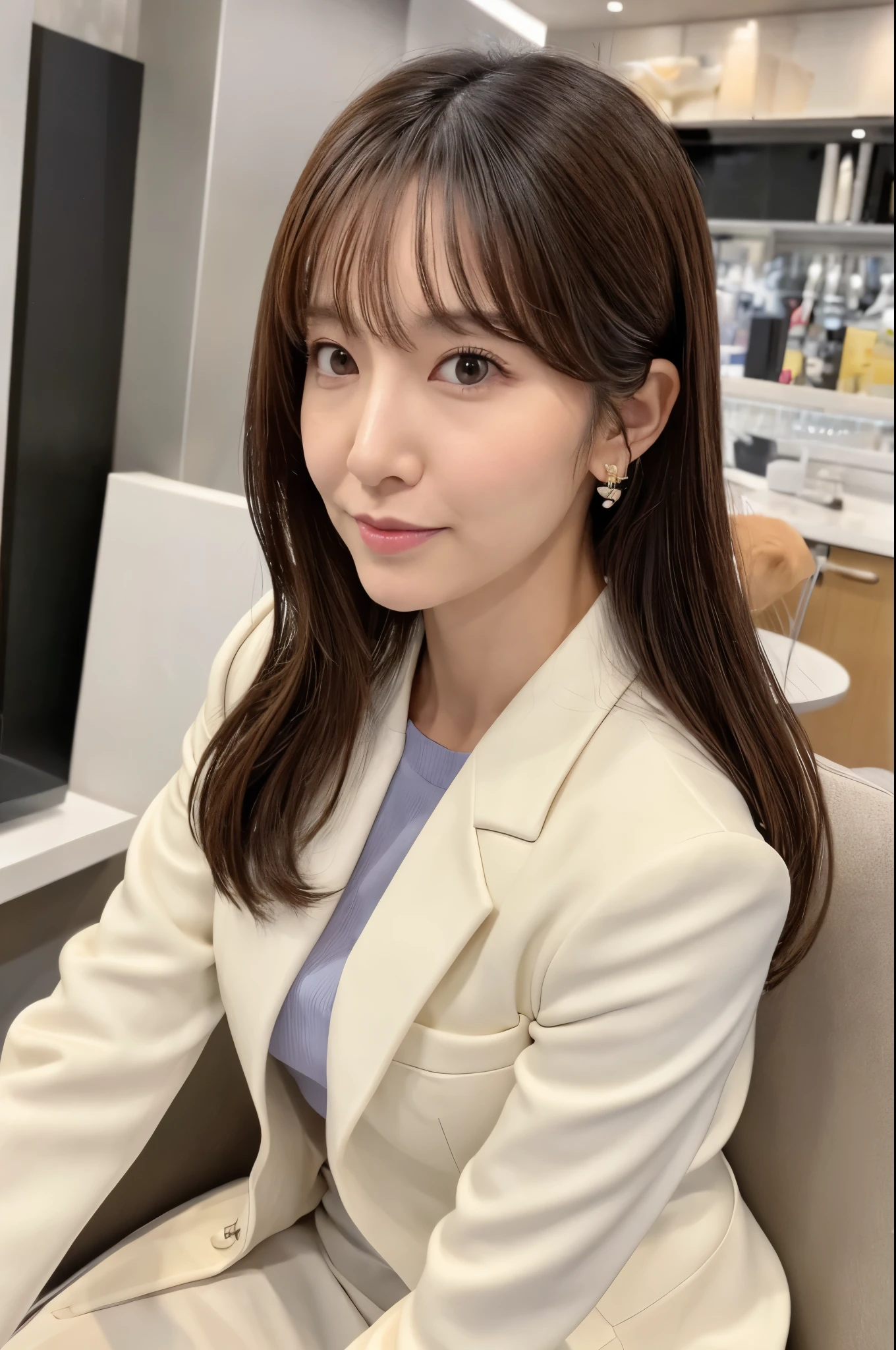 Skinny Japanese lady, 30 years old, 1girl, Realisitic, Beautiful Woman, Jacket, White shirt, tight skirt, high-heels, Cute face, A detailed face, Detailed lips, A detailed eyes