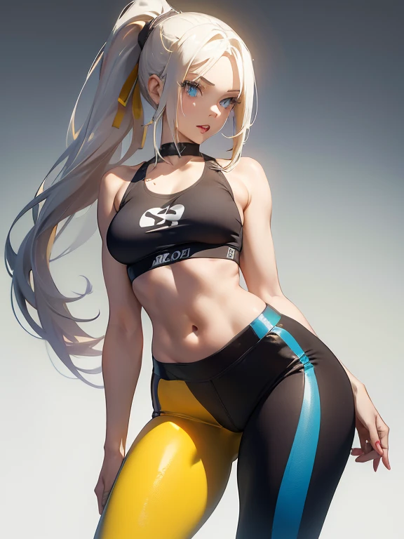 A 20 years old woman, shy, classic, of average height, very small breast, thin waist, wide hips, very white skin, long yellow hair with a ponytail, blue eyes , bright red lipstick. very thick lips, very full mouth. she is wearing a Sportsbra, leggins. standing, white background