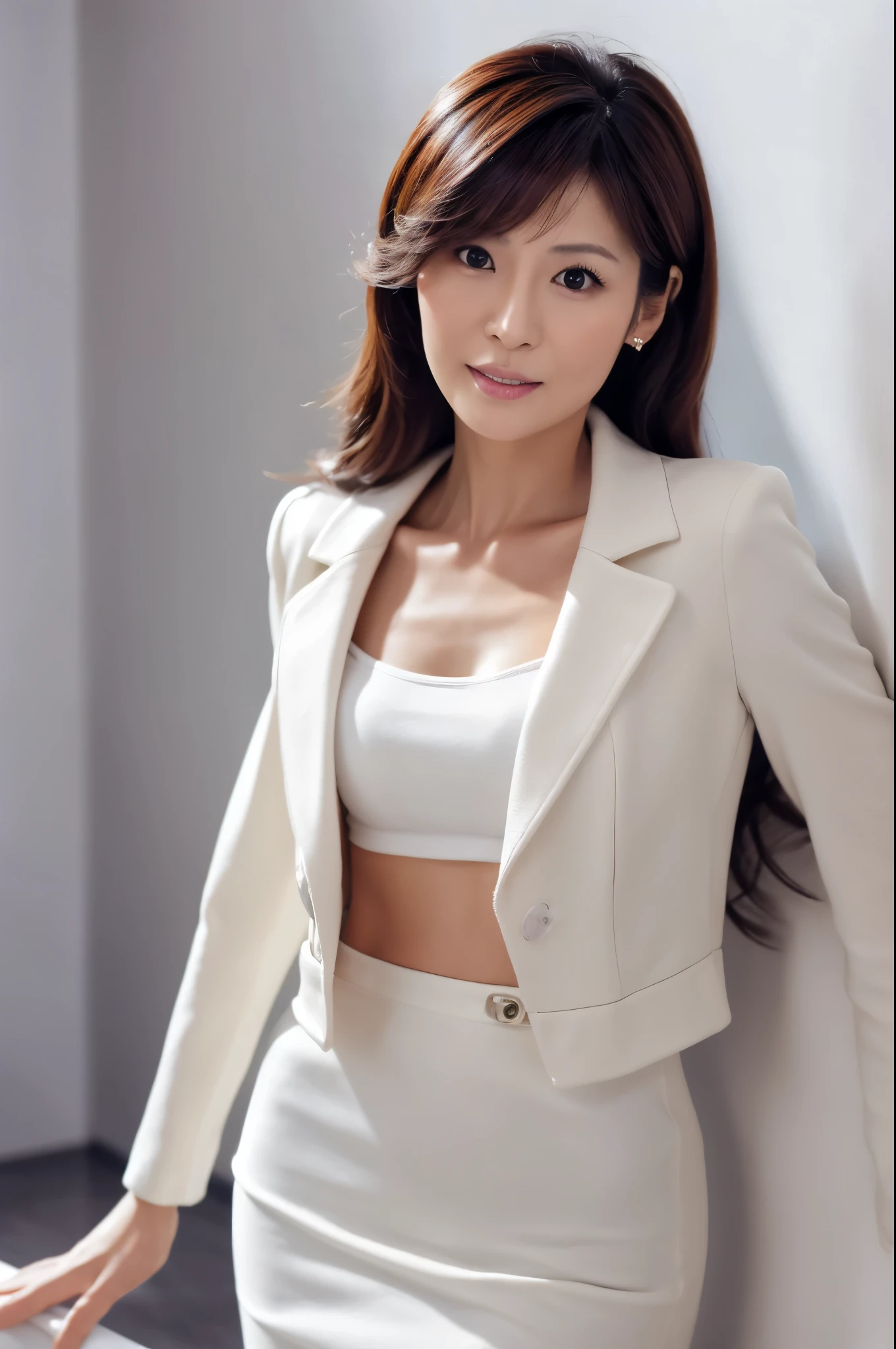 Skinny Japanese lady, 30 years old, 1girl, Realisitic, Beautiful Woman, Jacket, White shirt, tight skirt, high-heels, Cute face, A detailed face, Detailed lips, A detailed eyes