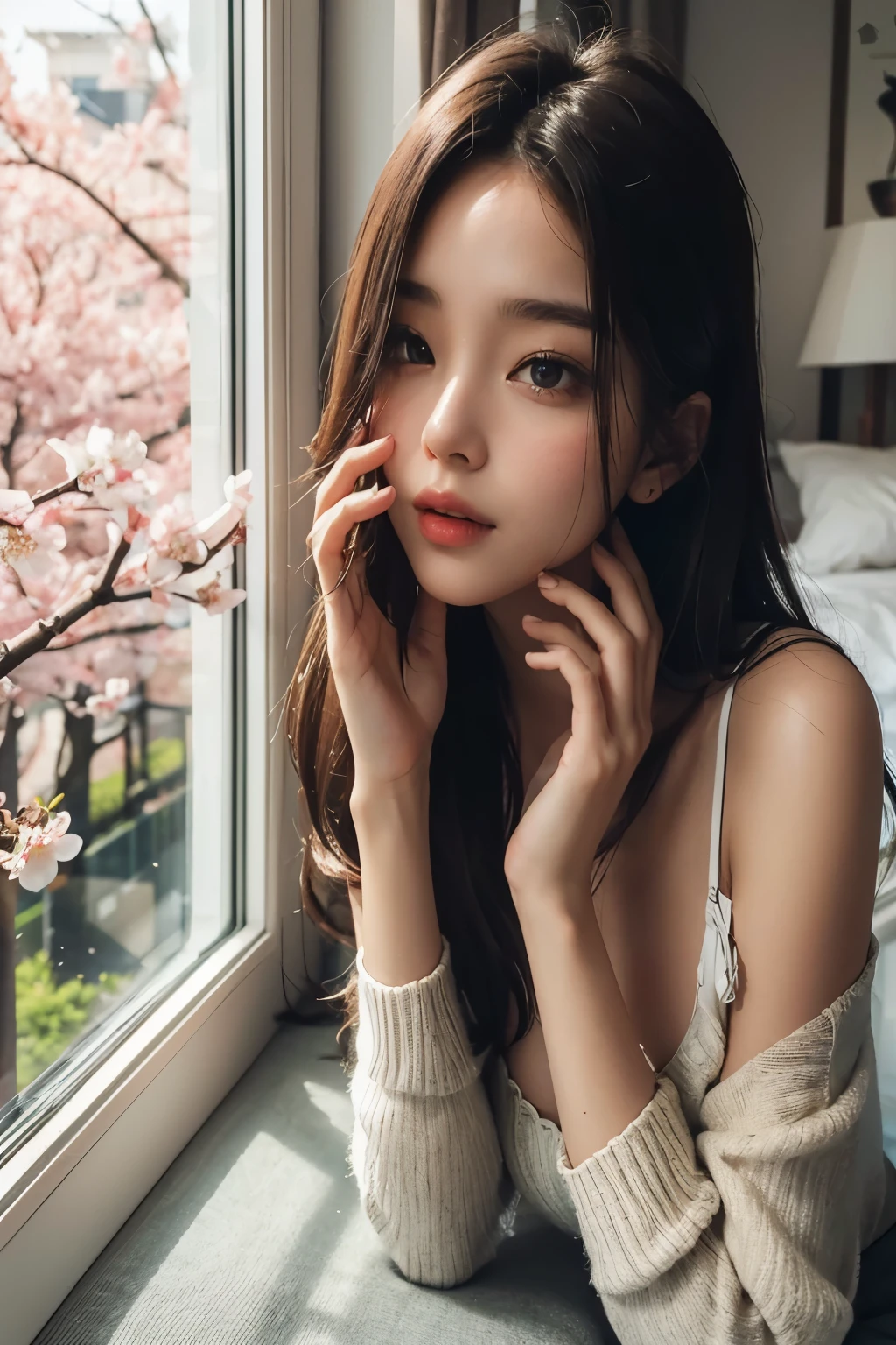A beautiful woman is talking on her smartphone while looking out the window. She is in her room in the apartment. You can see cherry blossoms outside the window. The woman is 20 years old and has dark brown hair.