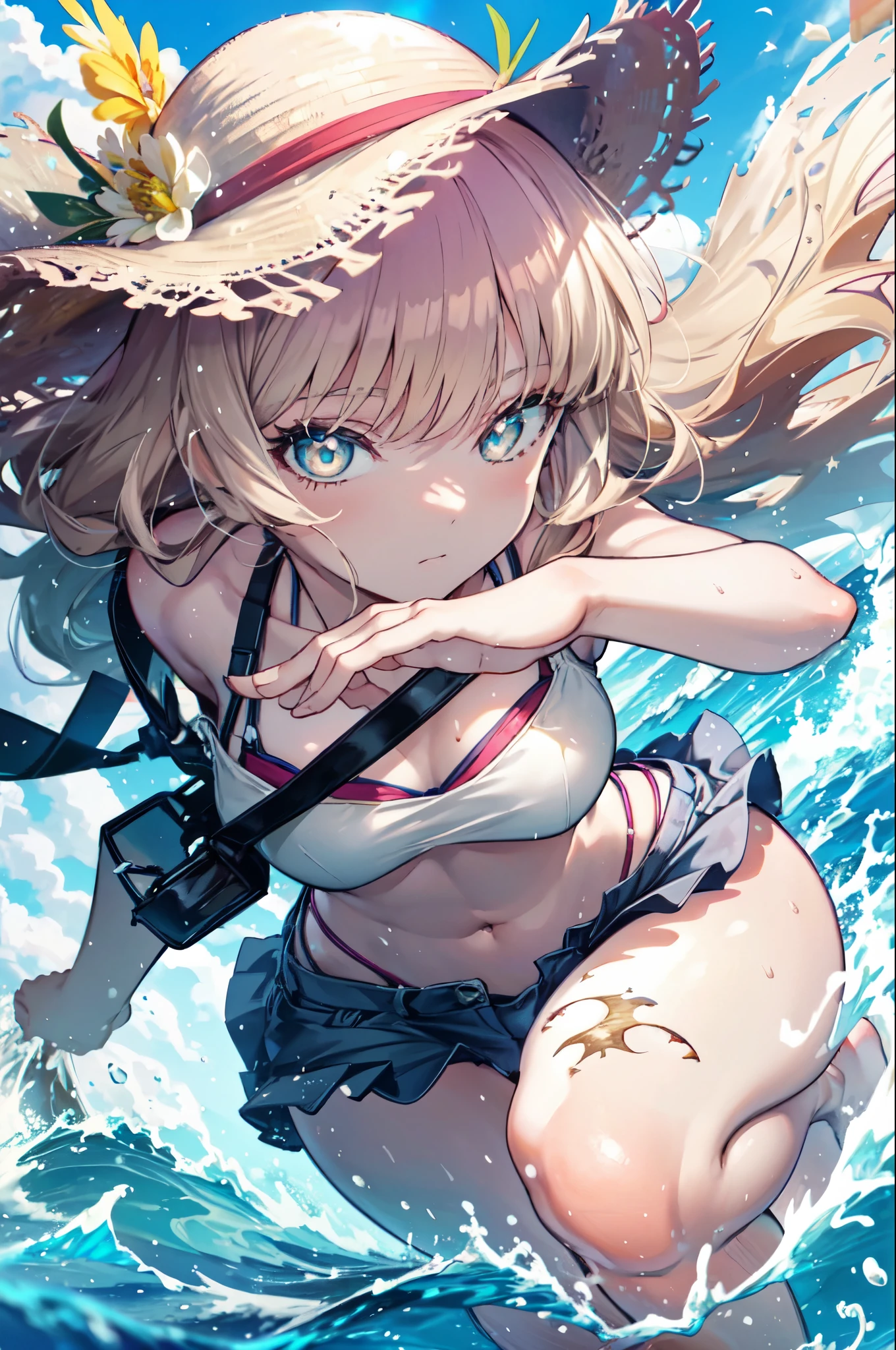 8k,highest quality,masterpiece,1girl girl,Southern dream bud,Southern dream bud sss dynazenon ,brown hair,long hair,green ruby eyes,Big straw hat,Blue Bikini Swimsuit,Wrap a thin floral patterned cloth around your waist like a skirt,barefoot,barefoot,ビーチのsandy beachを散歩しながら,With eyes that reflect the shadow of the setting sun、brown hair fluttering in the breeze,sandy beach,seaside,Light of the sun,Palm tree (masterpiece:1.2), highest quality, High resolution, unity 8k wallpaper, (shape:0.8), (beautiful and detailed eyes:1.6), highly detailed face, perfect lighting, Very detailed CG, (perfect hands, perfect anatomy),