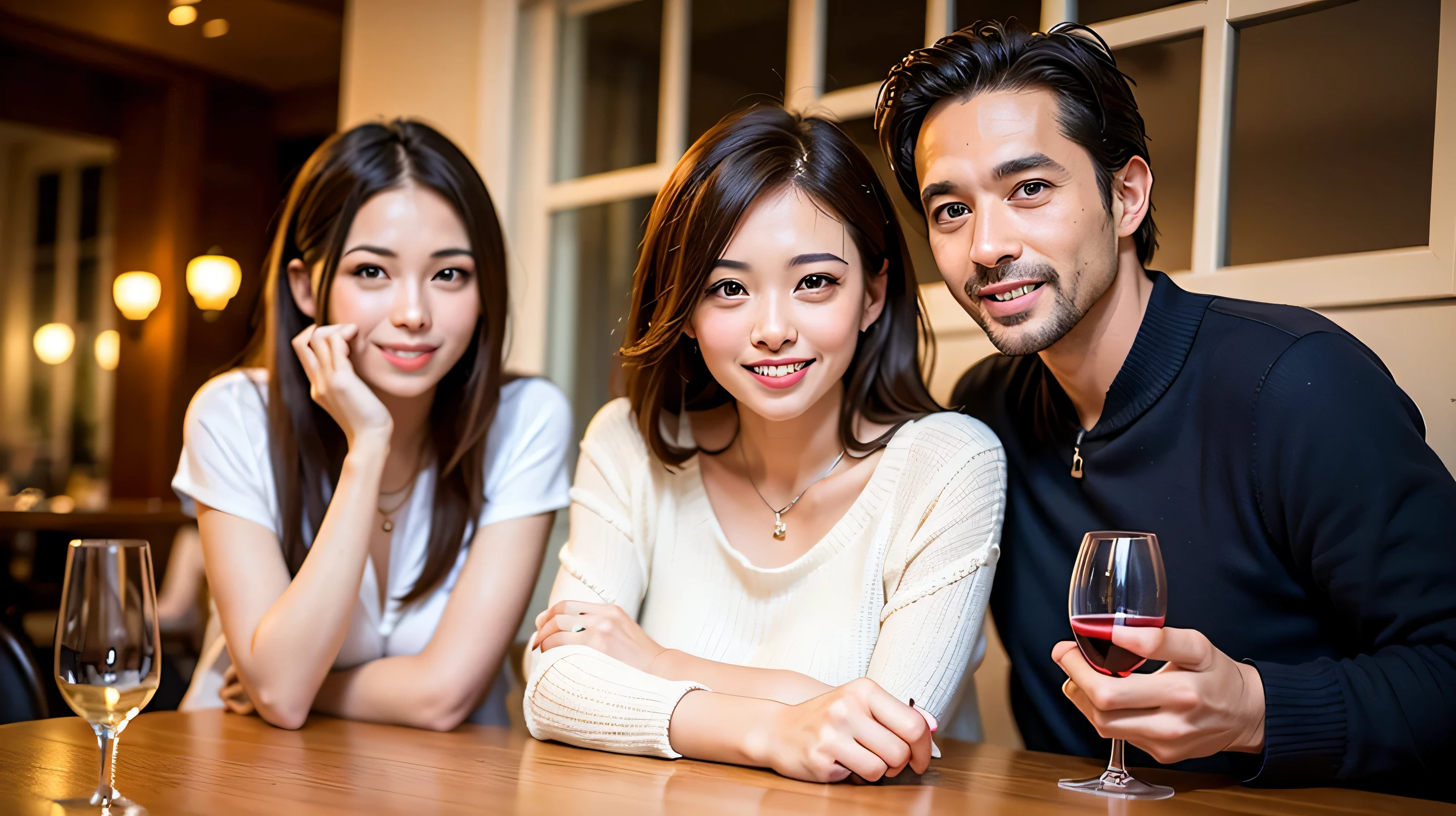 64k, Hmm, highest quality, masterpiece: 1.2), (realistic, photorealistic: 1.37),やわらかなsmile、gentle expression、 Super detailed, celebration party、beauty、charm、beautiful mature woman、3 women who love wine、three men、Tokyo、Yokohama、Paris、venice、Rome、Champagne、sparkling wine、winter night、restaurantでワイン宴会、(slimな男女4名),(Wine party for 5 people)、(slimフェイス),Happy、 最高なsmile、fox mask、Berry Short、(because I'thin), (brown hair), (shortcut), long sleeve shirt、winter fashion、Columbia、Brazilian、Japanese、Dutch、German、Portuguese、Belgian、Italian、French, (Squirting), (slimボティ), (brown hair), (shortcut), 端正なbeauty、cheeks turn a little red, (41 years old), 38 years old, 35 years old、32 years old、 A beautiful and detailed night view spreads out outside the window............, restaurant, wine glassが座っている, At night, in a prominent place (from the Upper body) nova frog style, actress, model, Upper body, White wine, slim, wine glass, Very beautiful night view, wine glass Put in the Middle, Happy smile, (smile: 1.15),