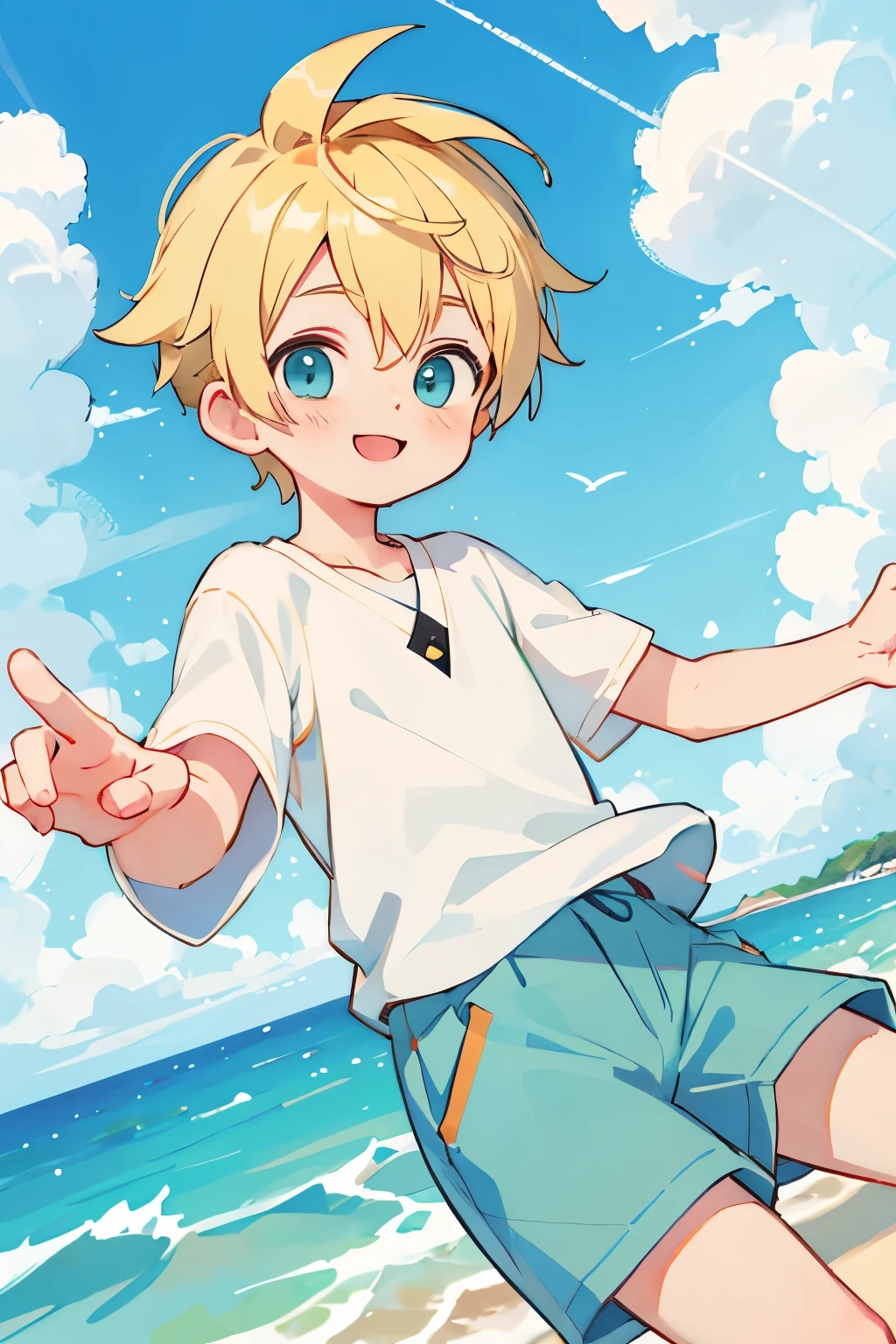 masterpiece, best quality, cute, 1 boy, solo, blonde hair, aqua eyes, smile, sunny, cloudy sky,
