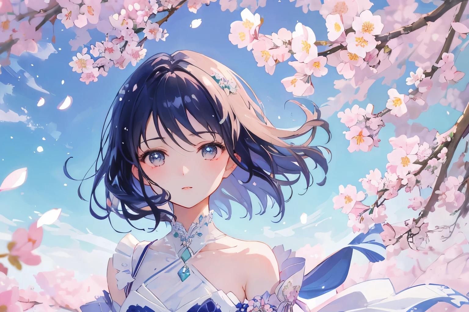 Create exquisite illustrations reminiscent of Makoto Shinkai's style, It has ultra-fine details and top-notch quality. Create a high-quality illustration of a beautiful girl gazing up at the sky adorned with a colorful flurry of cherry blossoms, imbued with a nostalgic and fantastical ambiance, characterized by intricate details. Capture the ethereal beauty of the scene, where the delicate petals dance in the air, creating a mesmerizing spectacle against the backdrop of a dreamlike sky. Pay careful attention to every element, from the subtle expressions on the girl's face to the vibrant hues of the blossoms. Aim to evoke a sense of wonder and tranquility in the viewer, transporting them to a world where beauty and nostalgia intertwine harmoniously. best quality, masterpiece