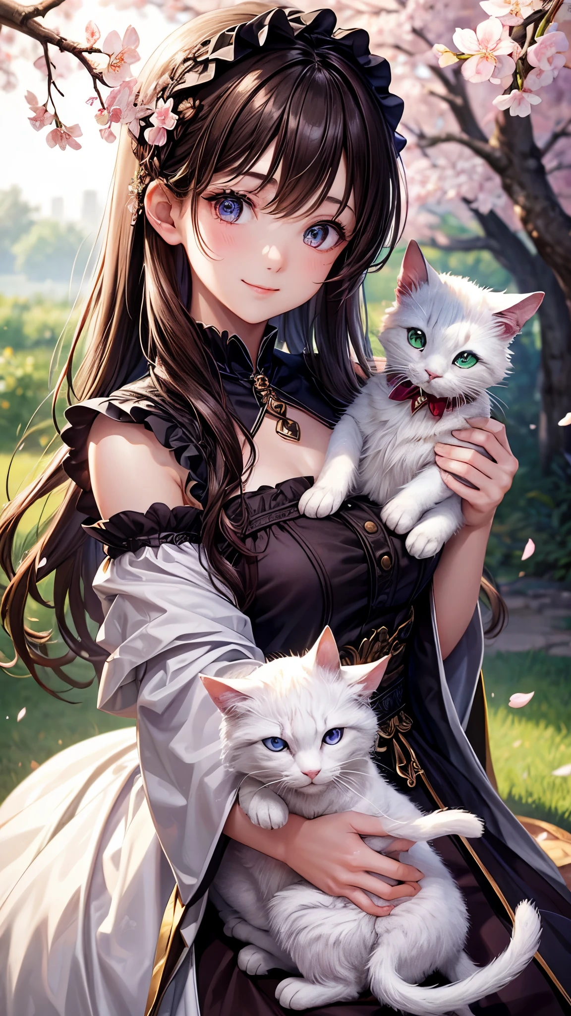 Highly detailed CG Unity 8k wallpaper, cute one girl, 27 old brown haired girl, beautiful girl, hot maiden, white skin (super masterpiece, Beautiful person, well detailed face polluted smilee, realistic, surreal), 、A girl holding a cute white cat in her arms, (light lighting)、smile,Upper body 、cherry blossom background、(Gothic dress based on white)、flat chest、cherry blossom hair ornament