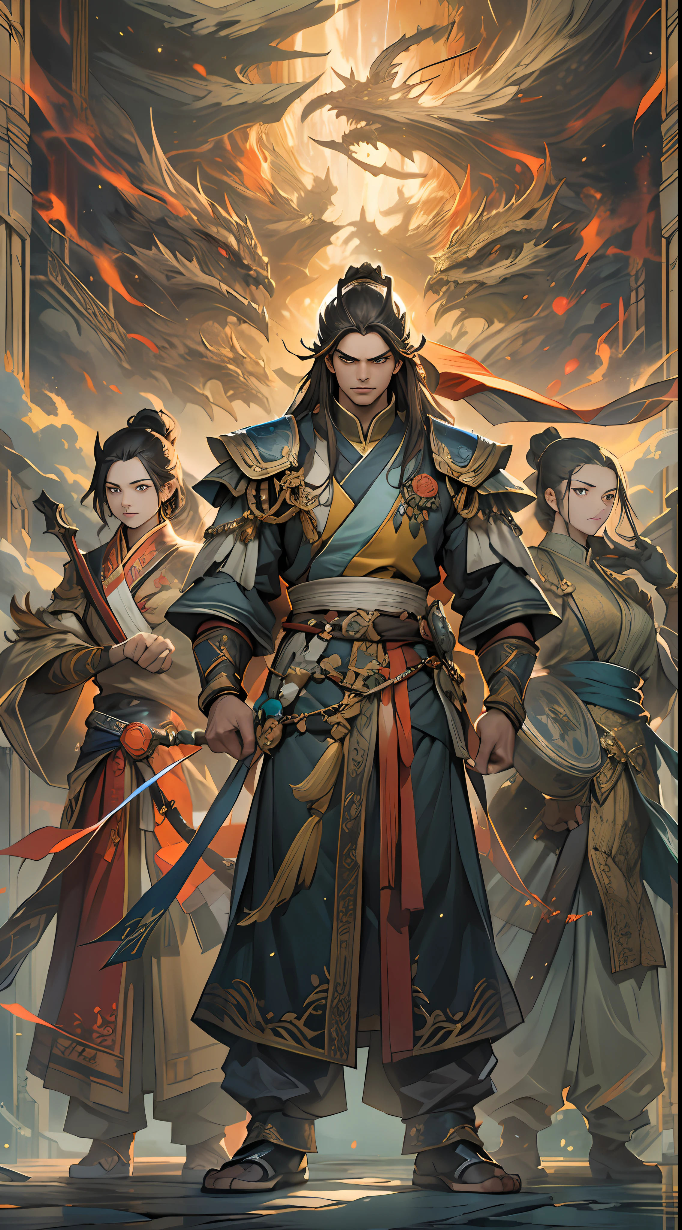 A group of young and energetic people gathered together, with a strong aura emanating from them. Among them, Li Gu stands tall and straight, with eyes shining with determination. Representatives of the eight major forces stand in the distance, looking at them with contempt and disdain, , 32k, best quality, masterpiece, super detail, high details