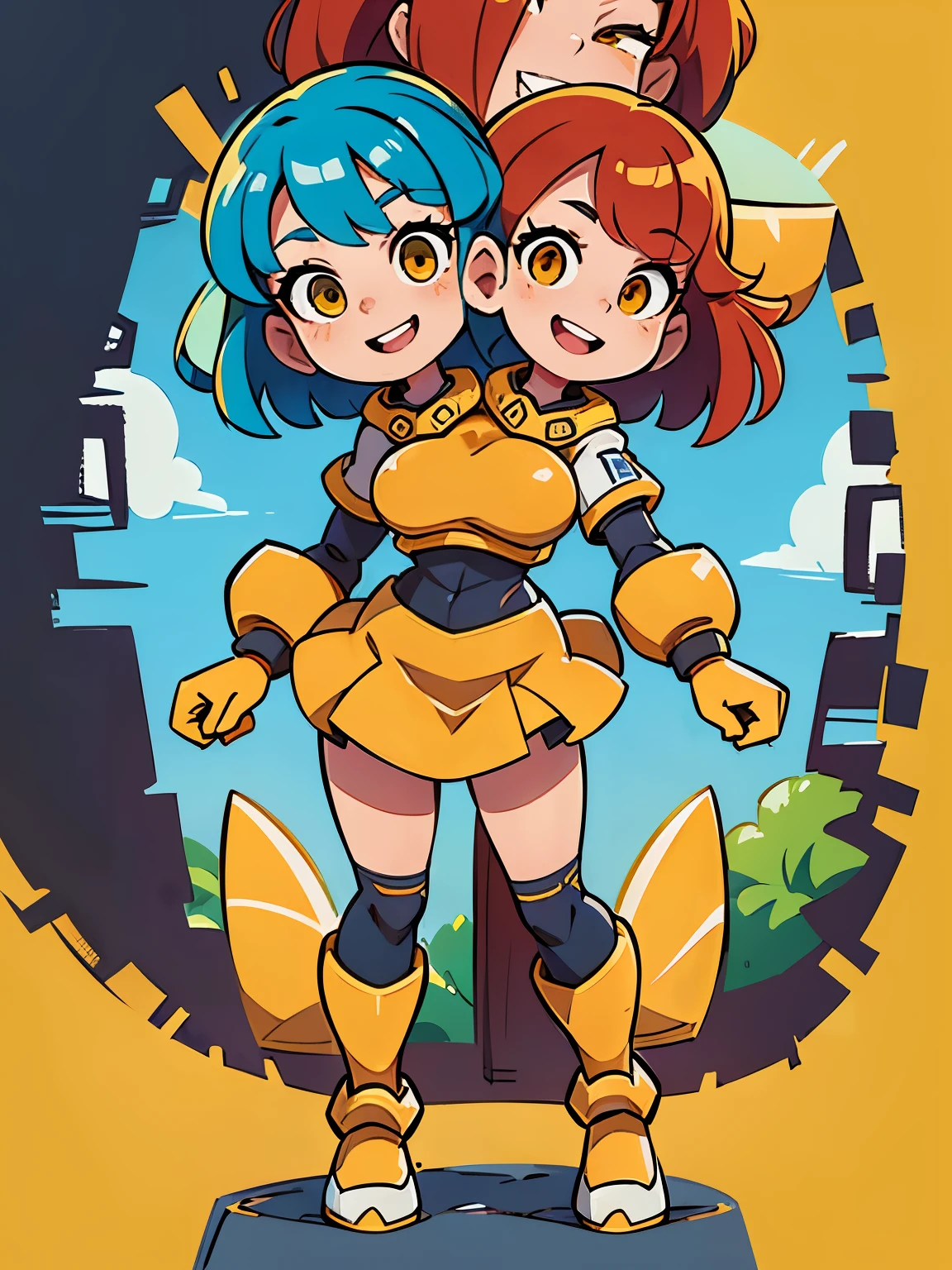 (masterpiece),(ultra-detailed), (high quality), (high resolution), (best quality:1.5, highres, UHD), highres, absurdo, ultra detail, ultra quality, Ultra resolution, 16k, (2heads:1.5), red hair, light blue hair, yellow eyes, two headed woman ((yellow mecha)), cleavage, ,best quality:1.5, highres, UHD, 4K),, ((skirt )), figure, yellow Mecha mesume, yellow outfit, fully body, smile