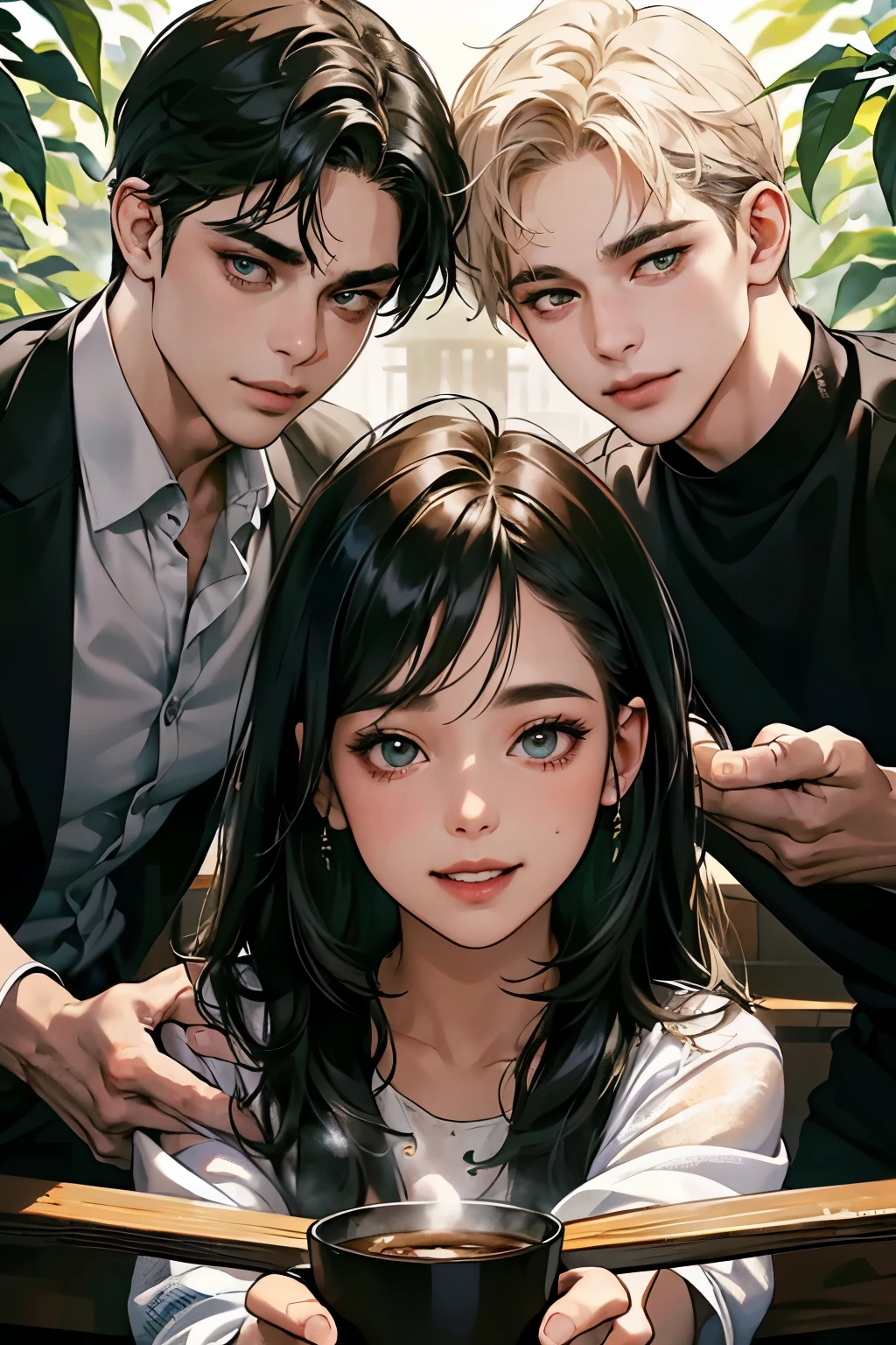 (close-up:1.2), Four male friends, smiles playing on their faces, seated on bar stools next to each other, hands wrapped around paper-cups of steaming coffee. In the background, an English garden comes to life with lush green plants and vibrant flowers, bathed in the warm glow of natural sunlight. (highly detailed faces:1.4) Wrinkles and pores are intricately captured, revealing every nuance of their expressive features. (smiles:0.7), their eyes sparkling with joy and camaraderie.

POV, by the masterful hand of Lee Jeffries, this digital art piece transports us to a world of hyper