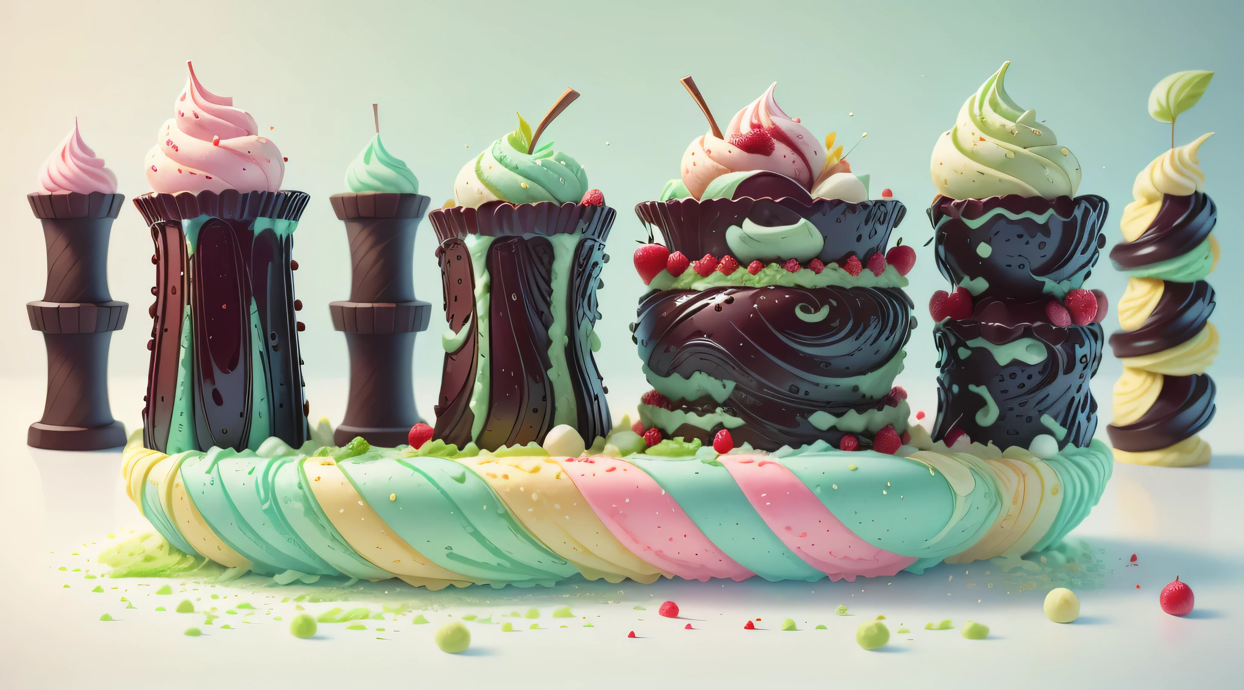 Matcha Ice Cream Cone，Top with dark chocolate sauce，soft，delicious， panoramic，Vibrant green background，Realistic and detailed images，Ultra-clear，best quality，Food wallpaper，cherry，strawberry，lemon，banana，Melons