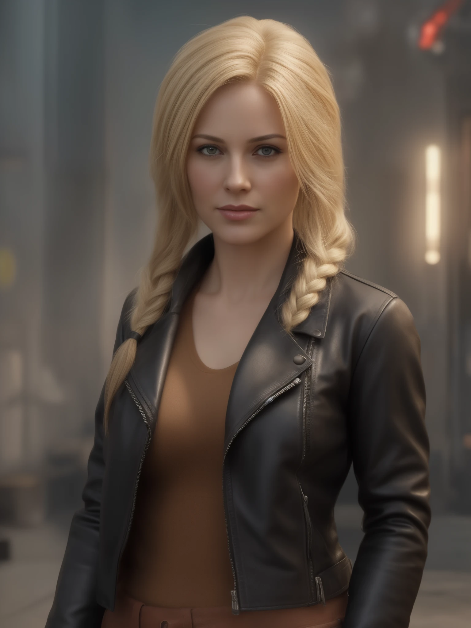 Create a character design concept art of a woman in her 40s with fair skin, blonde hair styled in a French braid, and wearing a stylish leather jacket. The artwork should showcase a detailed and elegant portrayal of the character, with a focus on realistic features. Use cinematic lighting techniques to enhance the overall atmosphere and bring out the character's unique qualities.