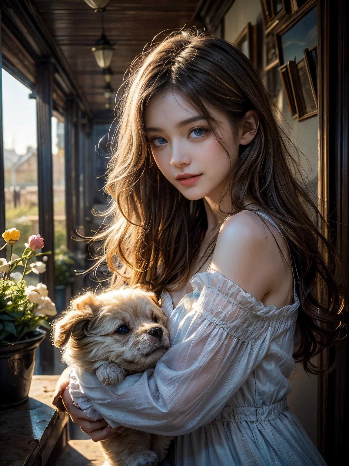 Exquisite details, Highest quality 8K resolution, Super detailed, actual, bright colors, Pastel tones, Paired with warm and soft lighting,(smooth blonde:1.2),(Hair parted in the middle:1.2),(glowing hair),(dark blue eyes:1.3),garden girl,smiling,with tears in eyes,With an overflowing soft and gentle feeling, Multiple corner turns,Visible emotions and specific emotions, i want to believe, Use illustrations,Beautiful girl with long hair blowing in the wind,The corridor is full of flowers, Create colorful reflections.The sun illuminates joy and pure love, Casts a warm golden light on the girl's face. Their love is like God's blessing, Free yourself from the troubles of this world. The scene was full of happiness and laughter, just like heaven、as if singing. The artwork is、Create a portfolio of digital illustrations and photos, Insisting on ultra-detailed depictions and vivid colors. A style that blends romanticism and realism、you can feel the depth of love. The color palette consists of pastel shades, Create a dreamy, ethereal atmosphere. Lighting is soft and diffuse, Cast soft light on your face,、The warmth of the hug becomes stronger. The artwork is a masterpiece, Carefully crafted,Capturing the essence of an unbreakable bond.