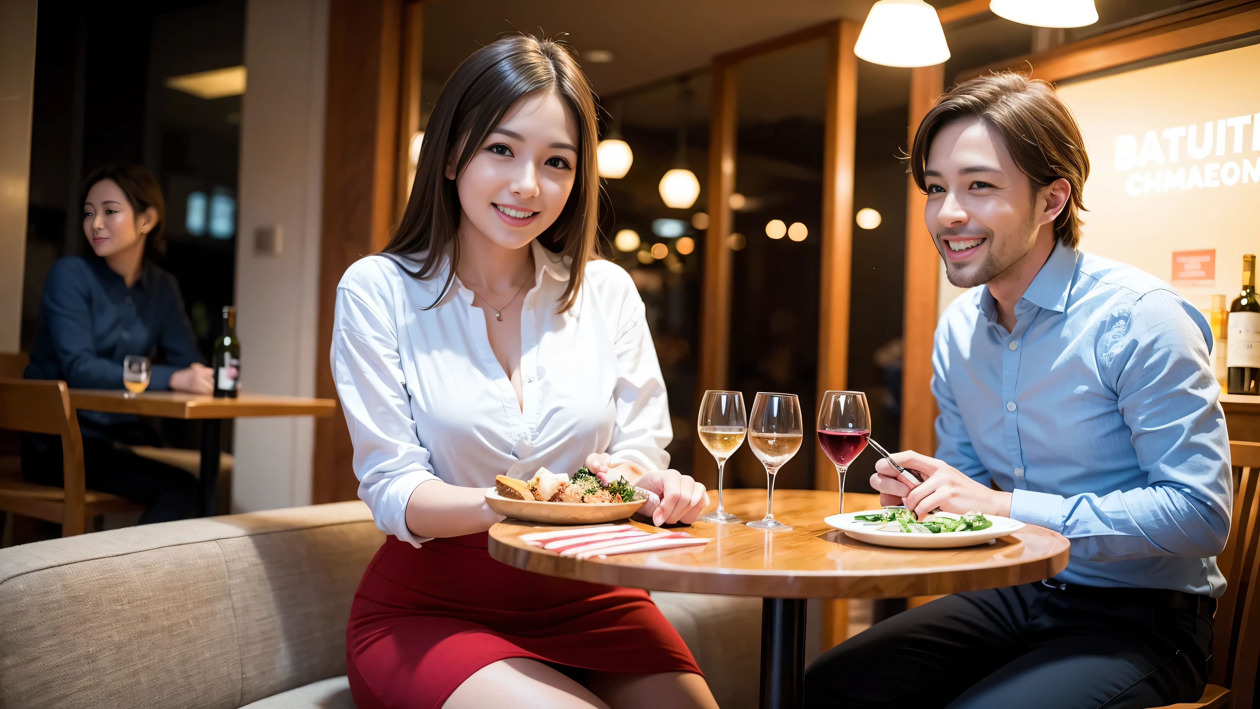 64k, Hmm, highest quality, masterpiece: 1.2), (realistic, photorealistic: 1.37),やわらかなsmile、gentle expression、 Super detailed, celebration party、beauty、charm、beautiful mature woman、3 women who love wine、three men、Tokyo、Yokohama、Paris、venice、Rome、Champagne、sparkling wine、winter night、restaurantでワイン宴会、(slimな男女4名),(Wine party for 5 people)、(slimフェイス),Happy、 最高なsmile、fox mask、Berry Short、(because I&#39;thin), (brown hair), (shortcut), long sleeve shirt、winter fashion、Columbia、Brazilian、Japanese、Dutch、German、Portuguese、Belgian、Italian、French, (Squirting), (slimボティ), (brown hair), (shortcut), 端正なbeauty、cheeks turn a little red, (41 years old), 38 years old, 35 years old、32 years old、 A beautiful and detailed night view spreads out outside the window............, restaurant, wine glassが座っている, At night, in a prominent place (from the Upper body) nova frog style, actress, model, Upper body, White wine, slim, wine glass, Very beautiful night view, wine glass Put in the Middle, Happy smile, (smile: 1.15), 