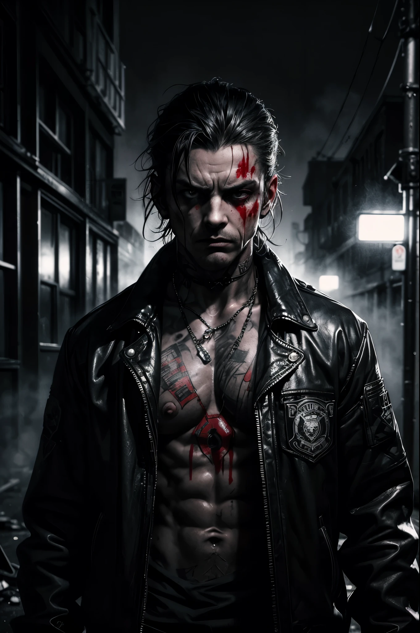 (a criminal) with (blood on his hands), (dark and twisted atmosphere), (gritty and intense), (noir), (low-key lighting), (sharp and dramatic shadows), (sinister expression), (tattoos and scars), (black leather jacket), (messy hair), (cigarette smoke), (street alley backdrop), (rainy night), (urban decay), (mysterious and brooding), (crime scene), (tense atmosphere), (suspenseful), (grim and menacing), (graffiti-covered walls), (broken glass), (abandoned trash), (police sirens in the distance), (high contrast), (monochromatic tones), (sinister silhouette), (foggy and misty), (blood splatters), (intense gaze), (tension in the air), (criminal mastermind), (criminal underworld), (gleaming knife), (dangerous and unpredictable), (Escape from justice).