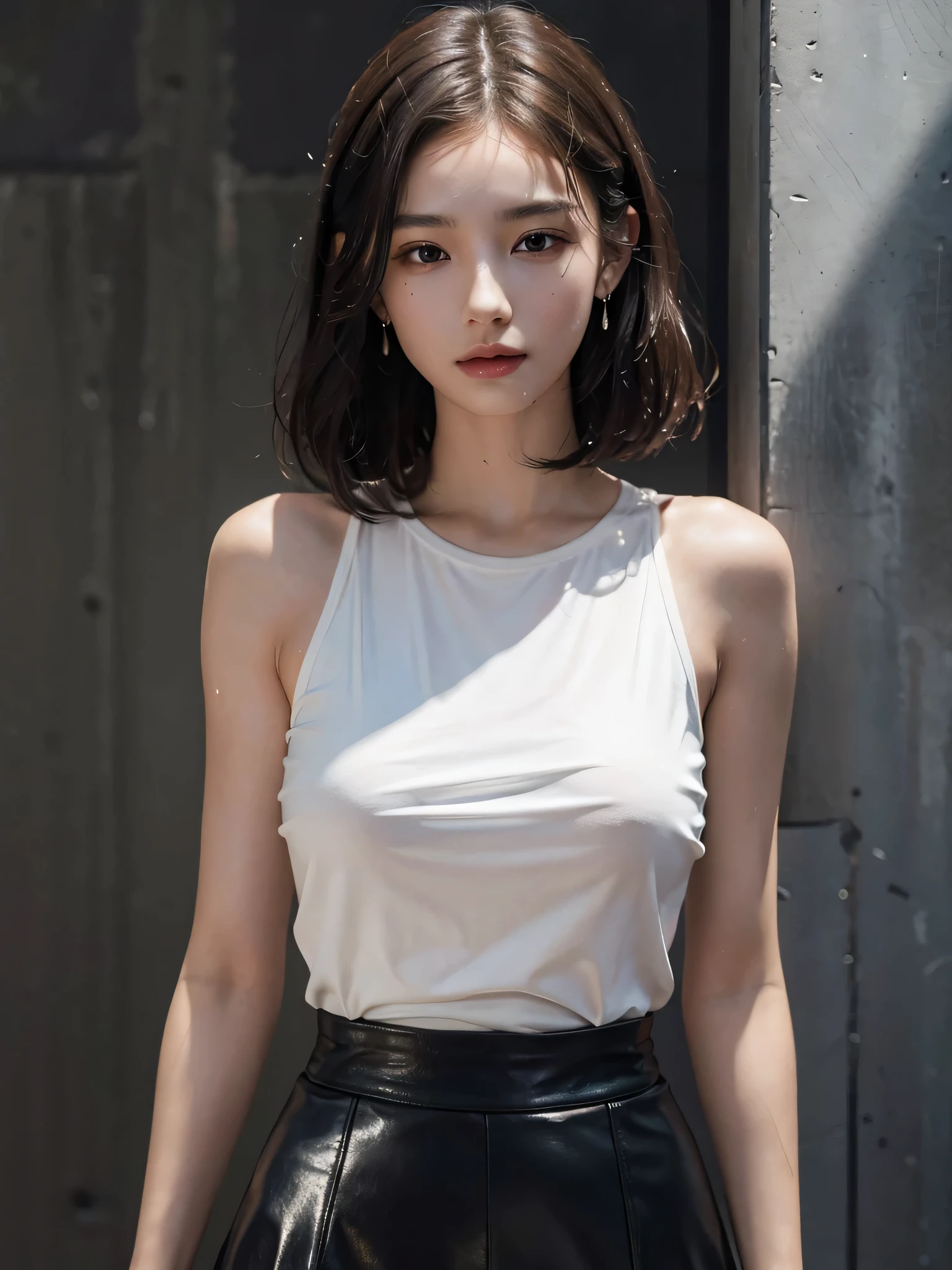 (disorganized, RAW photo, very delicate and beautiful, masterpiece, highest quality, ultra high resolution, 16k, surreal, super detailed, perfect anatomy, super dense skin, perfect figure:1.2), Highly detailed CG 8k wallpaper, 20's, very slim body, tight waist, very small head, very small face, delicate facial features, tearful mole, earrings, thin legs, (very huge round breasts:1.1), full body shot, 1 girl, short hair, wavy hair, Wet, (T-shirt:1.1), BREAK leather skirt, No sleeve,