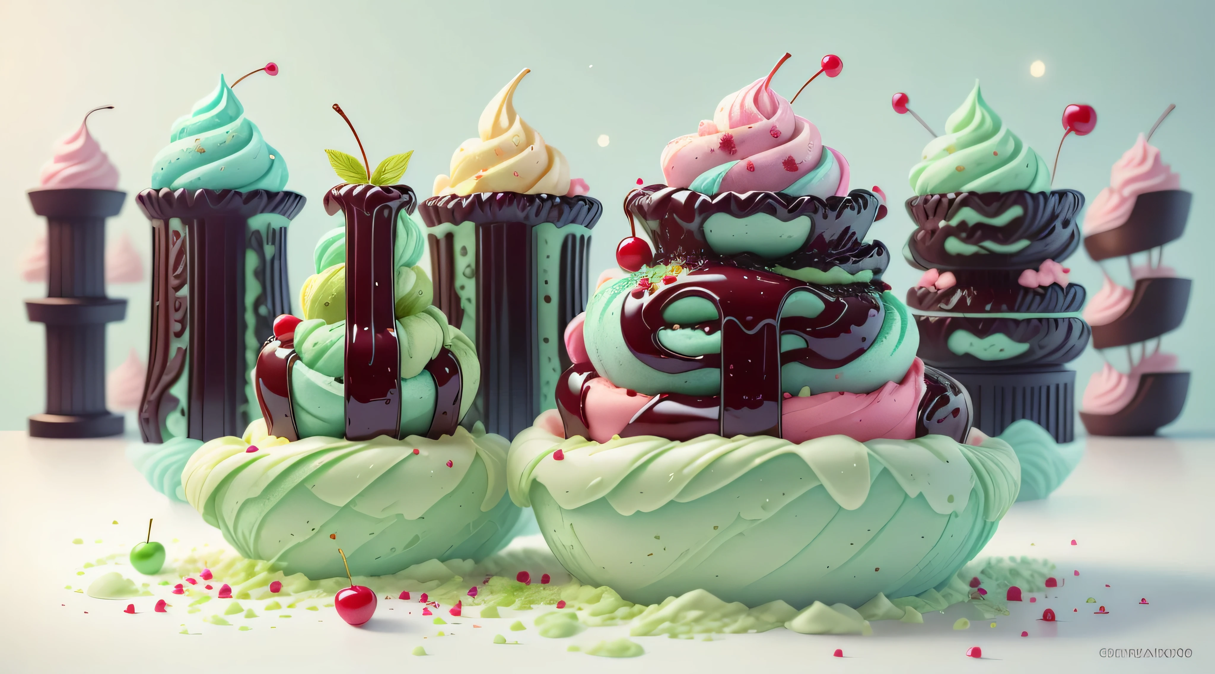 Matcha Ice Cream Cone，Top with dark chocolate sauce，soft，delicious， panoramic，Vibrant green background，Realistic and detailed images，Ultra-clear，best quality，Food wallpaper，cherry