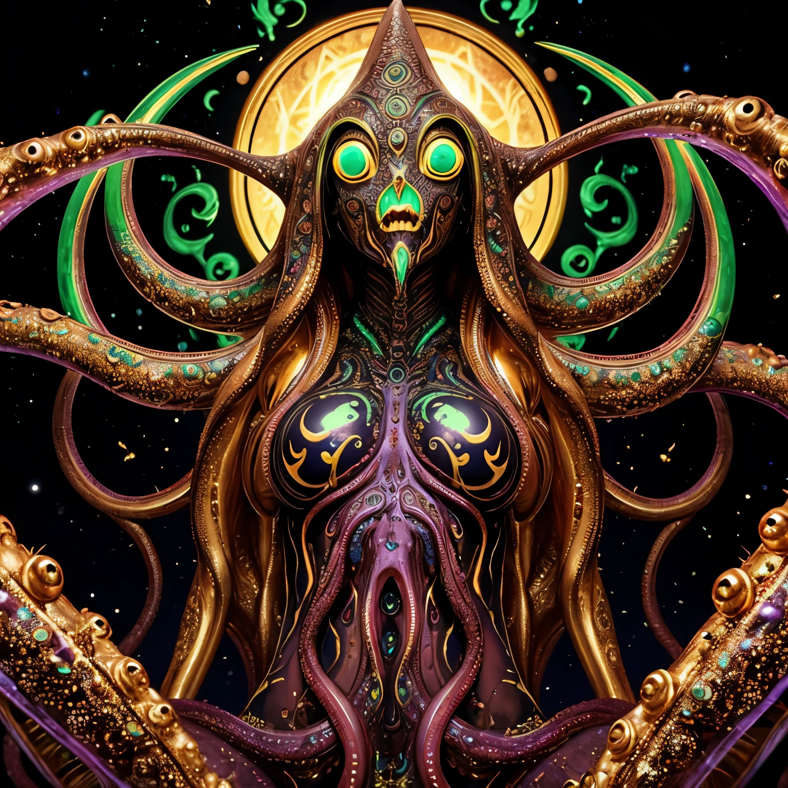 front view,portrait,symmetrical,artistic,sharp art,(dan mumford style:1.1),hdr,realism,dark fantasy,atmosphere,lovecraft style,(JimJorCrafLogo art style:1.3),medusa with snakes hair,glowing eyes,temple,stone looking,diamond jewel in the center,mossy,