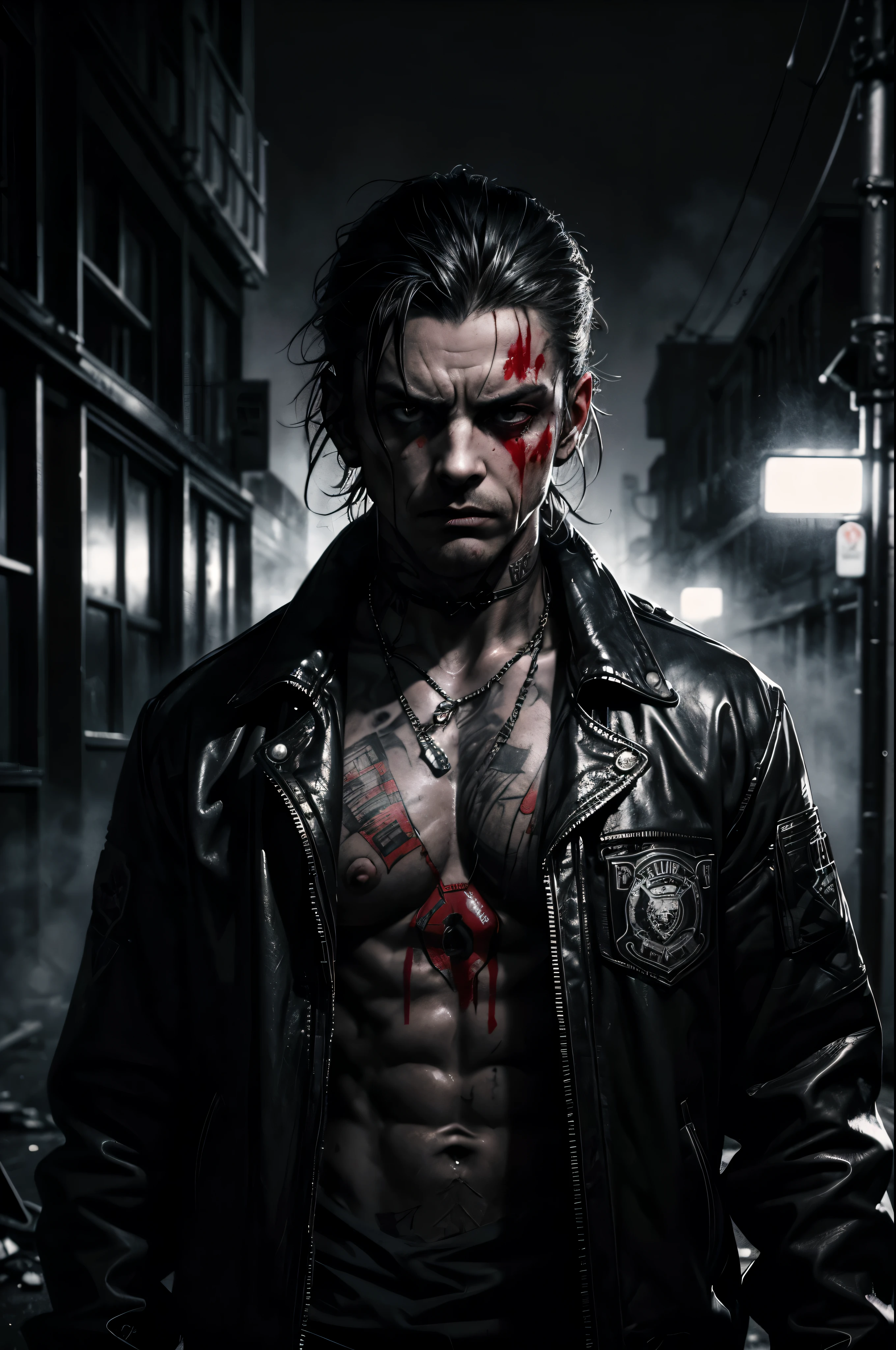 (a criminal) with (blood on his hands), (dark and twisted atmosphere), (gritty and intense), (noir), (low-key lighting), (sharp and dramatic shadows), (sinister expression), (tattoos and scars), (black leather jacket), (messy hair), (cigarette smoke), (street alley backdrop), (rainy night), (urban decay), (mysterious and brooding), (crime scene), (tense atmosphere), (suspenseful), (grim and menacing), (graffiti-covered walls), (broken glass), (abandoned trash), (police sirens in the distance), (high contrast), (monochromatic tones), (sinister silhouette), (foggy and misty), (blood splatters), (intense gaze), (tension in the air), (criminal mastermind), (criminal underworld), (gleaming knife), (dangerous and unpredictable), (Escape from justice).