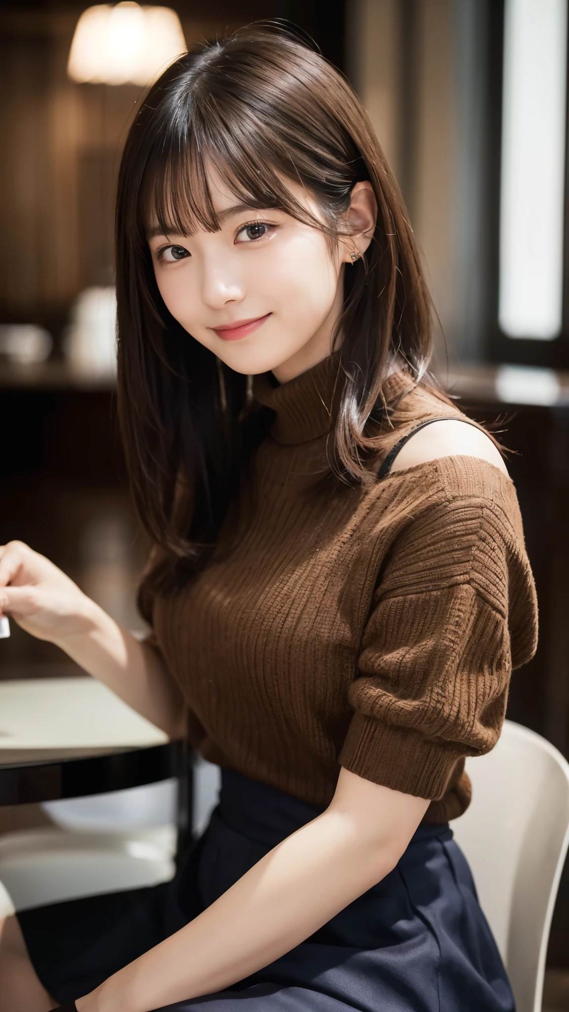 (highest quality,masterpiece:1.3,ultra high resolution),(Super detailed,caustics,8k),(photorealistic:1.4,RAW shooting),Cafe,counter,Chair,Coffee cup,20-year-old,1 girl,cute,natural brown short hair,turtleneck sweater,big ,long skirt,look at the camera with a smile,Chairに座る,side shot,shot from the waist up,soft light,professional writing