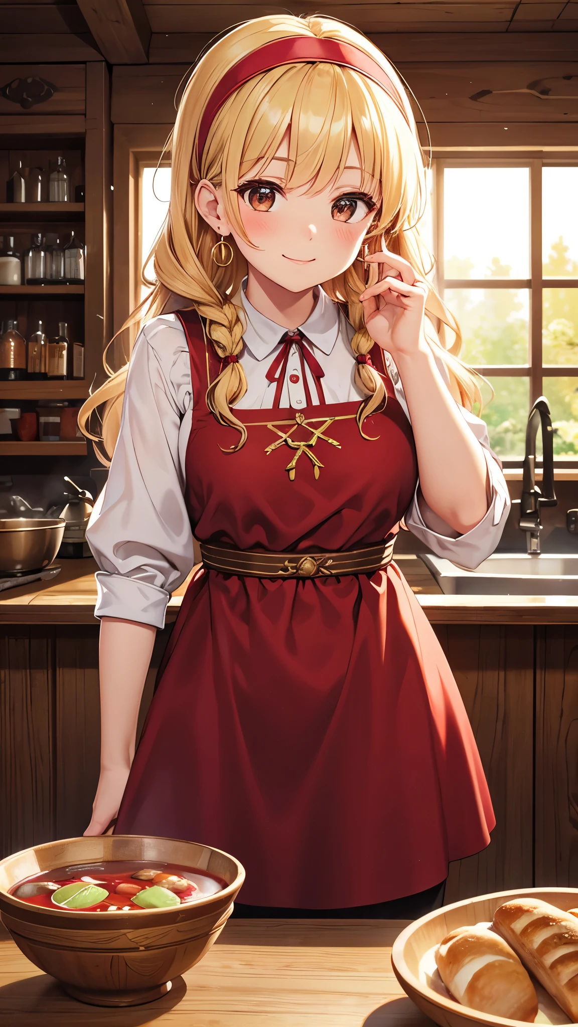 young girl, Brown Eyes, smile, Old Russian folk peasant dress, (a bowl of red soup and bread), tavern background, blonde hair, braid, curly hair, long hair, blush, smiley, happy, hair tie, white hairband, earrings, crystal earrings, Romanticism, first-person view, pov, Eye-Level Shot, god rays, glowing light, reflection light, backlighting, Masterpiece, high quality, anatomically correct, high details