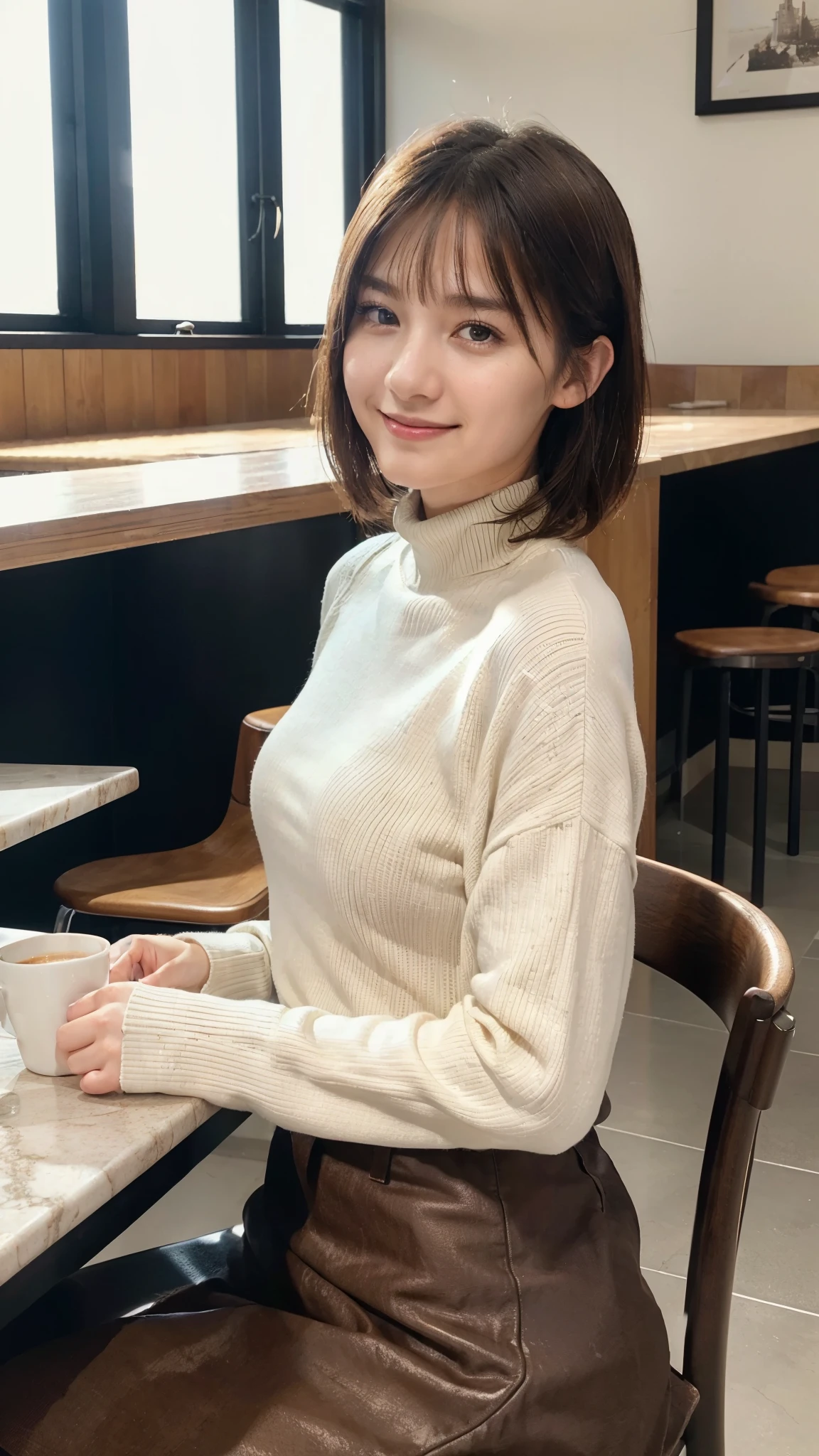 (highest quality,masterpiece:1.3,ultra high resolution),(Super detailed,caustics,8k),(photorealistic:1.4,RAW shooting),Cafe,counter seat,Chair,Coffee cup,20-year-old,1 girl,cute,natural brown short hair,turtleneck sweater,big ,long skirt,look at the camera with a smile,Chairに座る,side shot,shot from the waist up,soft light,professional writing