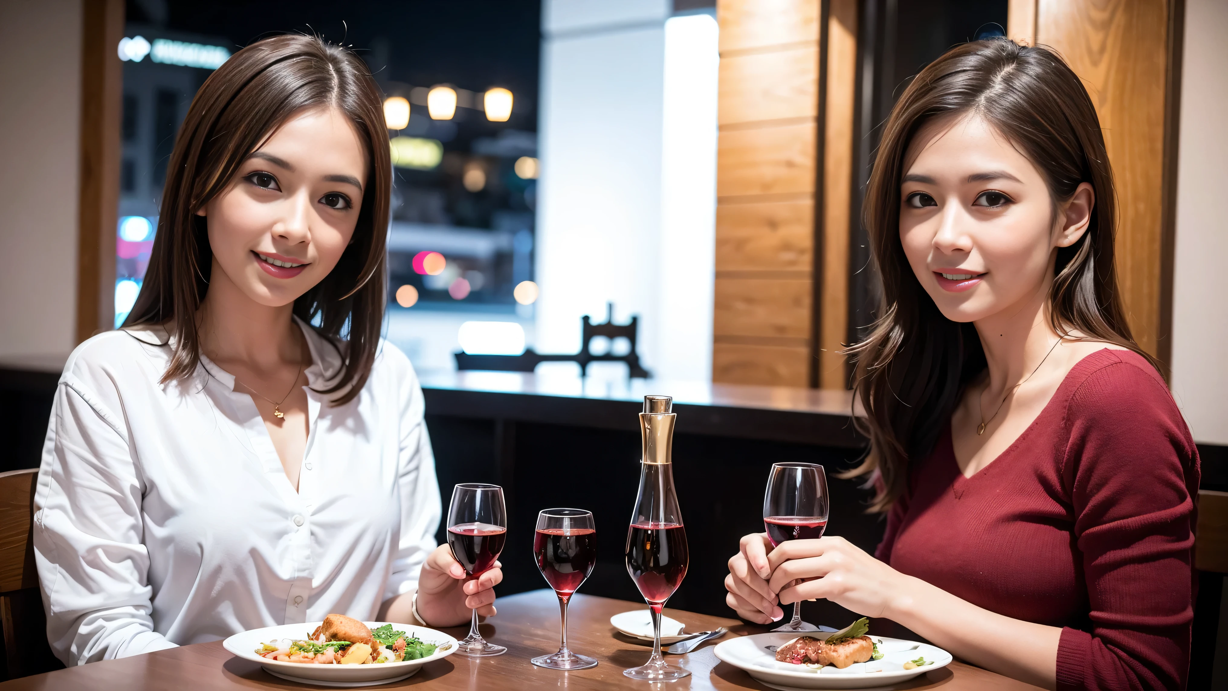 64k, Hmm, highest quality, masterpiece: 1.2), (realistic, photorealistic: 1.37),やわらかなsmile、gentle expression、 Super detailed, celebration party、beauty、charm、beautiful mature woman、3 women who love wine、three men、Tokyo、Yokohama、Paris、venice、Rome、Champagne、sparkling wine、winter night、restaurantでワイン宴会、(slimな男女4名),(Wine party for 5 people)、(slimフェイス),Happy、 最高なsmile、fox mask、Berry Short、(because I&#39;thin), (brown hair), (shortcut), long sleeve shirt、winter fashion、Columbia、Brazilian、Japanese、Dutch、German、Portuguese、Belgian、Italian、French, (Squirting), (slimボティ), (brown hair), (shortcut), 端正なbeauty、cheeks turn a little red, (41 years old), 38 years old, 35 years old、32 years old、 A beautiful and detailed night view spreads out outside the window............, restaurant, wine glassが座っている, At night, in a prominent place (from the Upper body) nova frog style, actress, model, Upper body, White wine, slim, wine glass, Very beautiful night view, wine glass Put in the Middle, Happy smile, (smile: 1.15), 