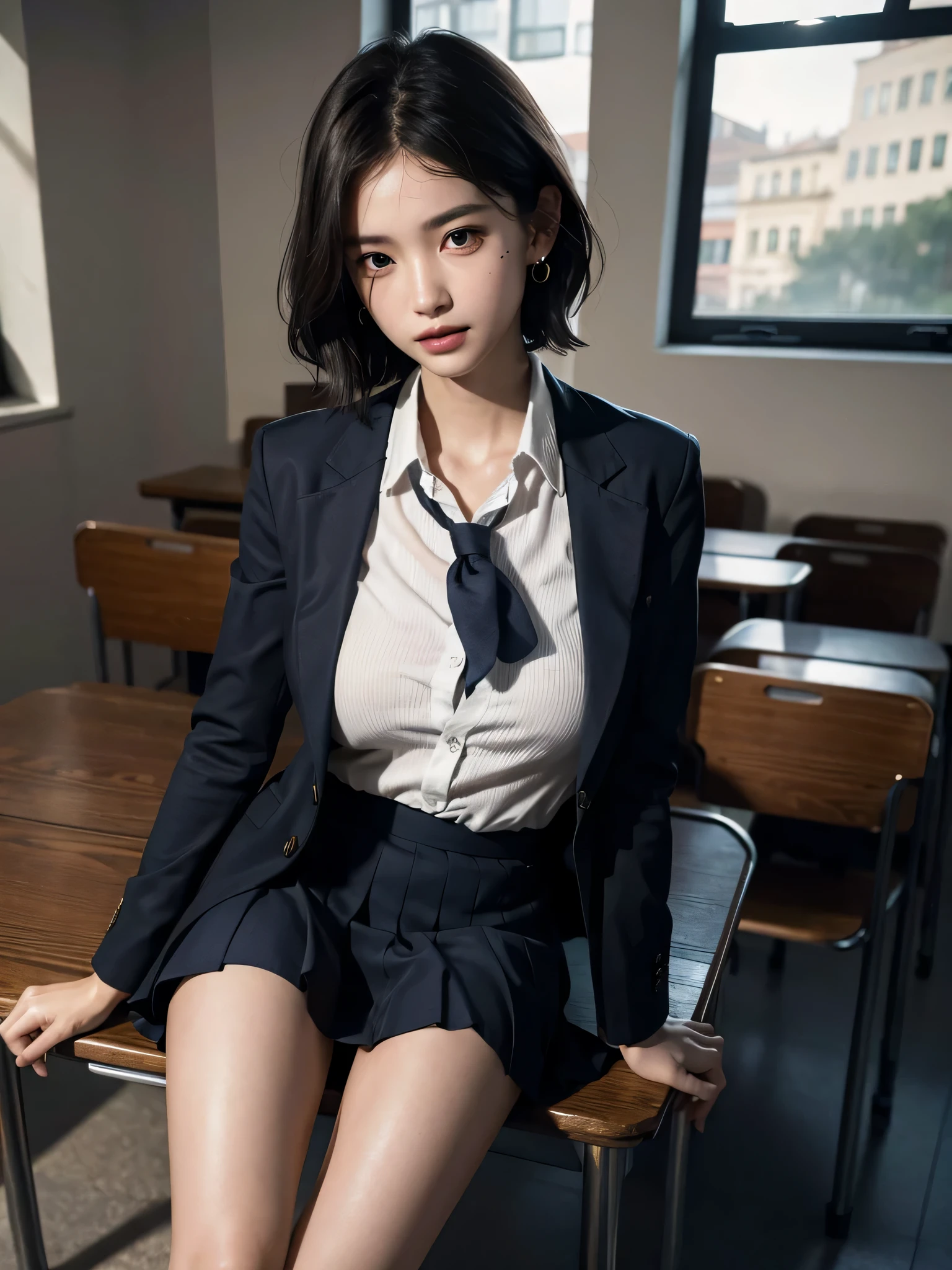 disorganized, RAW photo, very delicate and beautiful, masterpiece, highest quality, ultra high resolution, 16k, surreal, super detailed, perfect anatomy, super dense skin, perfect figure, Highly detailed CG 8k wallpaper, 20's, very slim body, tight waist, very small head, very small face, delicate facial features, tearful mole, earrings, thin legs, (very huge round breasts:1.1), (full body shot:1.2), 1 girl, short hair, wavy hair, Wet, (school uniform:1.3), (blazer:1.1),